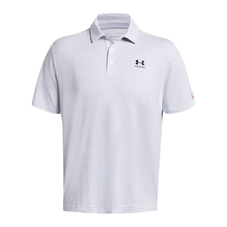White polo shirt with black pattern on a white background
