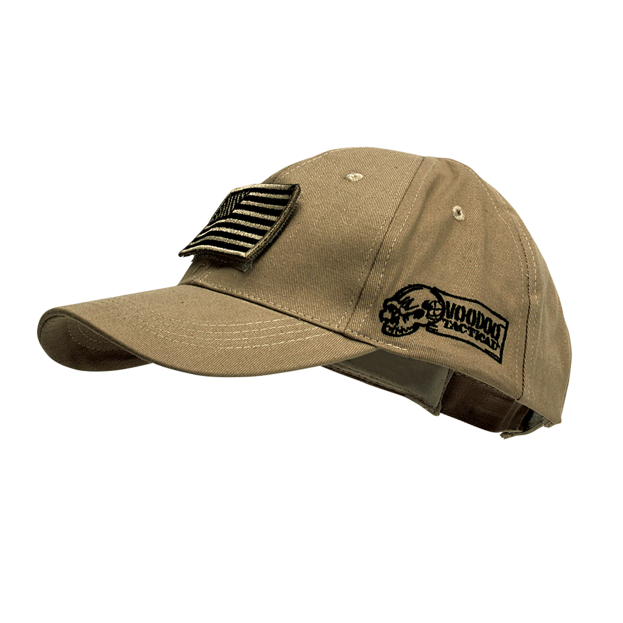 Voodoo Tactical baseball cap with removable USA flag Velcro patch and embroidered logo in khaki color.