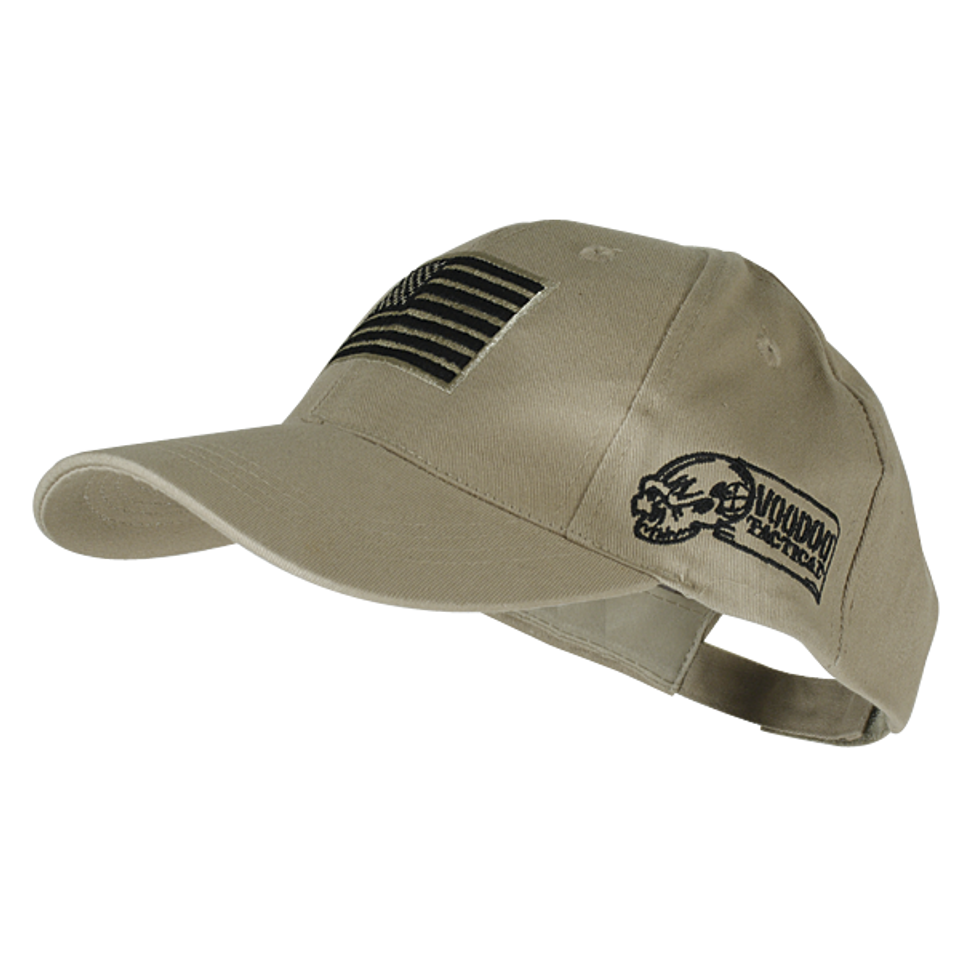 Voodoo Tactical baseball cap with removable USA flag patch and embroidered logo in tan color.