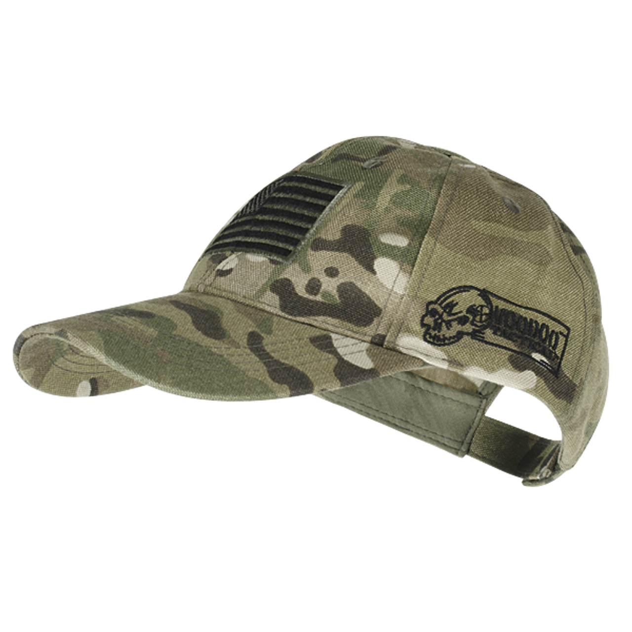 Voodoo Tactical cap in camouflage with removable USA flag patch and logo, perfect for style and comfort.