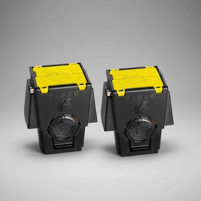 Two black and yellow Taser cartridges with a Taser logo on a gray background