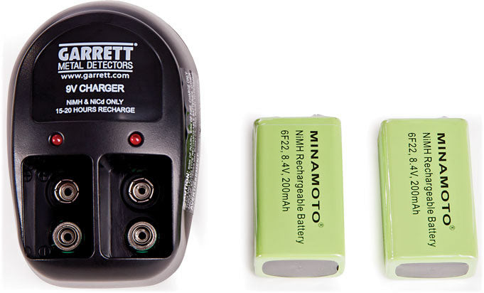 Garrett Security Systems rechargeable battery kit with Ni-MH batteries and charger for metal detectors.