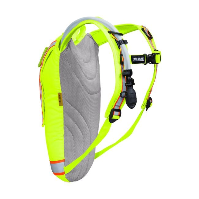 Fluorescent yellow and gray hydration backpack on a white background