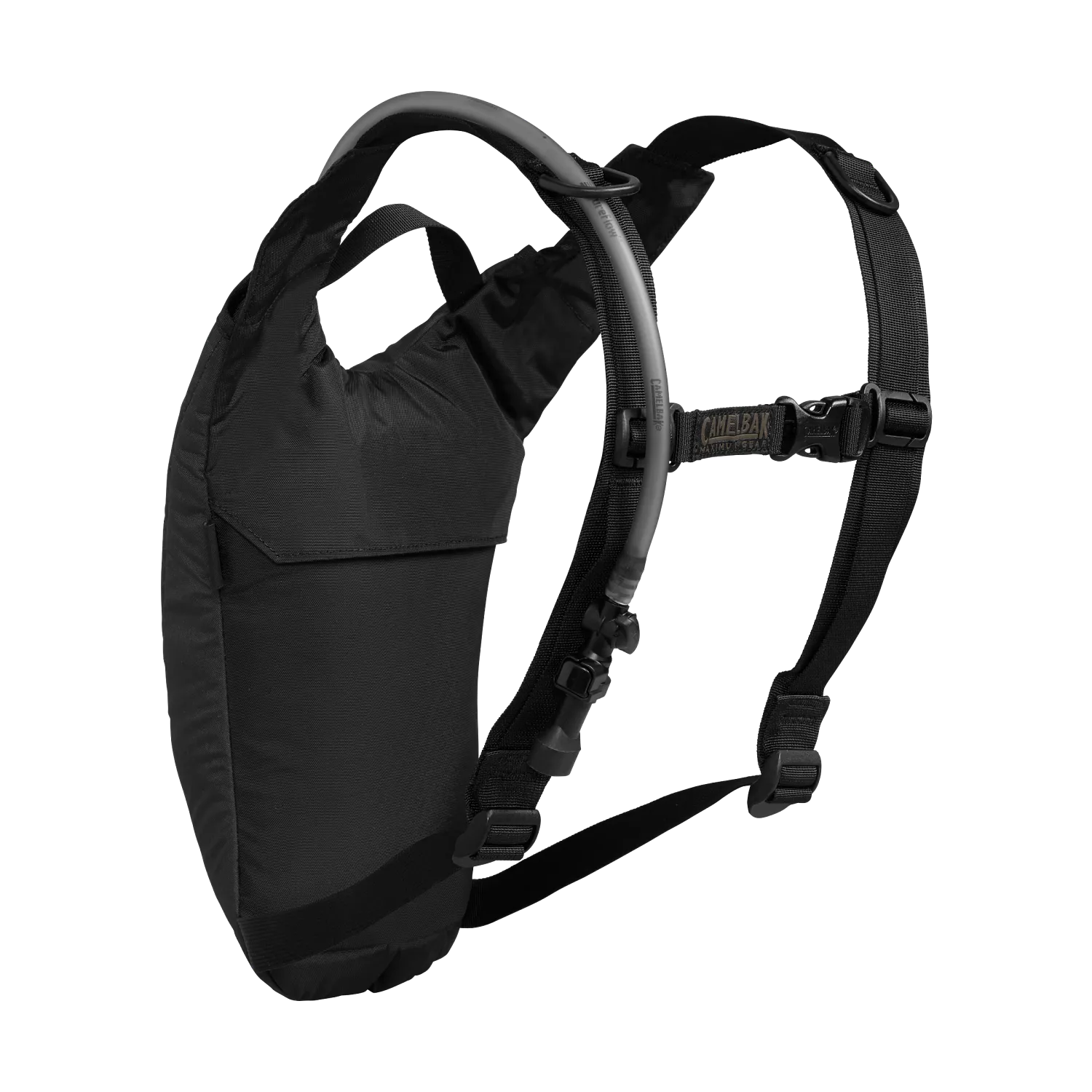 CamelBak HydroBak black hydration pack side angle with grey Crux drink tube and bite valve