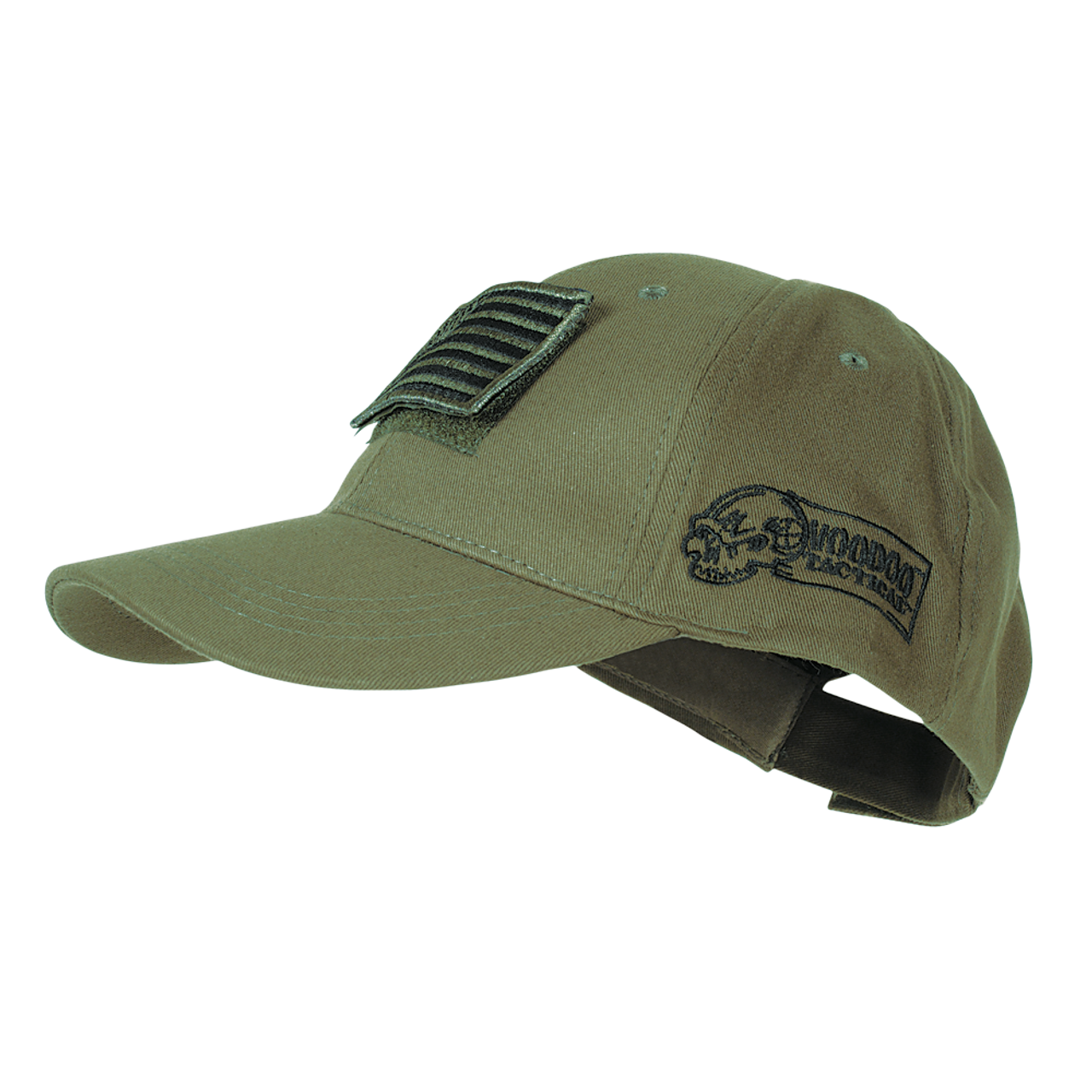 Voodoo Tactical baseball cap with removable USA flag patch and embroidered logo, perfect for style and comfort.