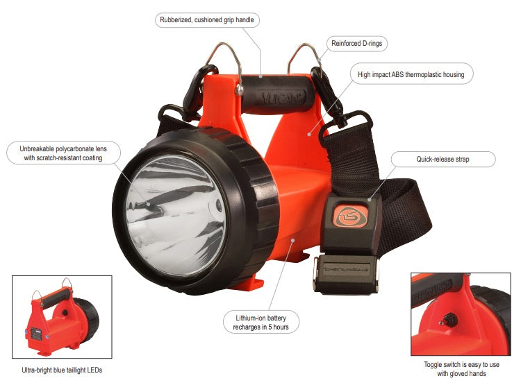 Streamlight Fire Vulcan LED Lantern Orange, rechargeable firefighter emergency light with blue taillight LEDs and cushioned handle