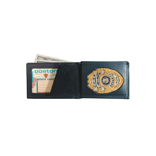 Boston Leather Billfold Style Badge Wallet with badge and ID compartment, featuring genuine suede flap for protection.