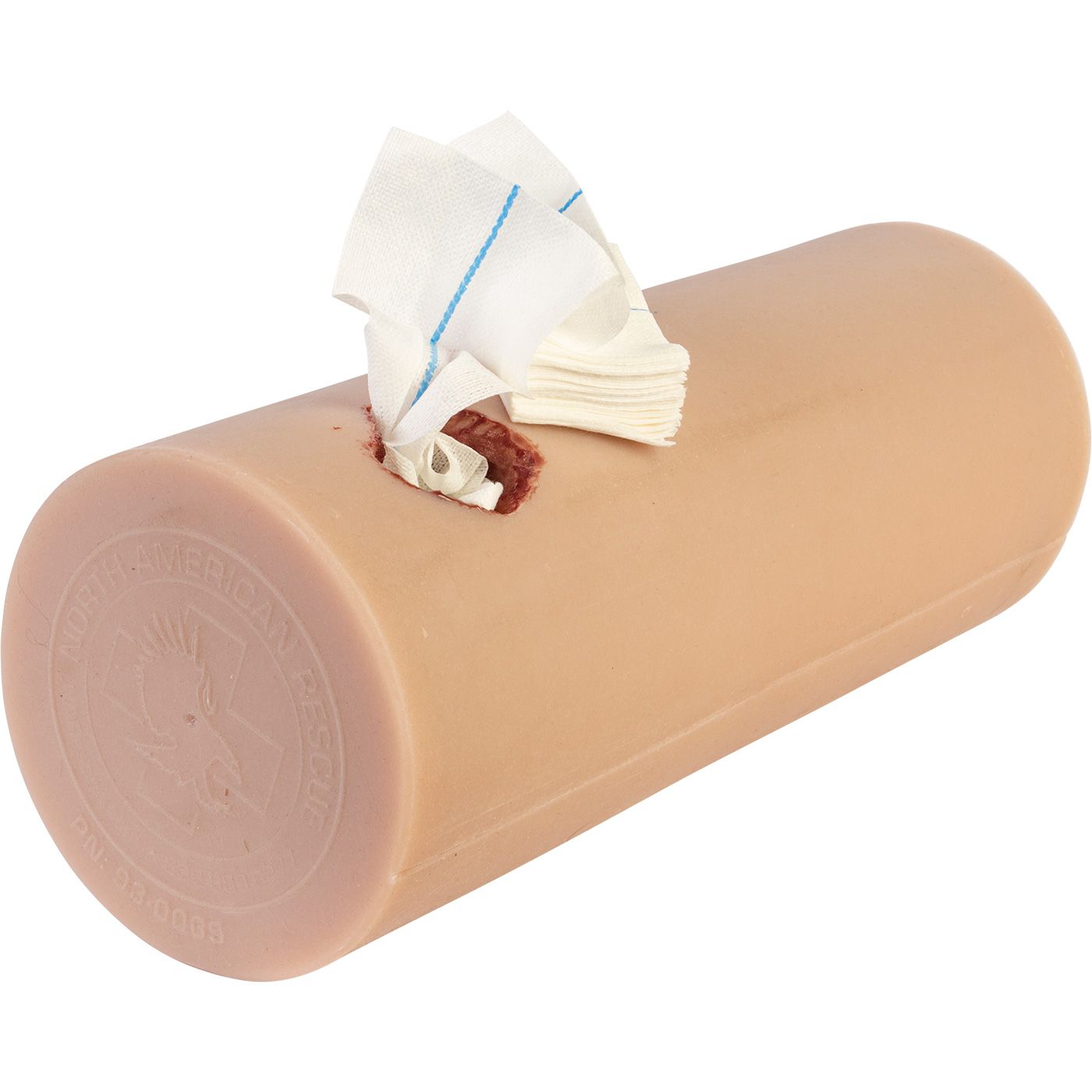 Example  of North American Rescue Wound Packing Gauze 30-0054 being used on a prosthetic – Sterile Z-Folded Bleeding Control Dressing