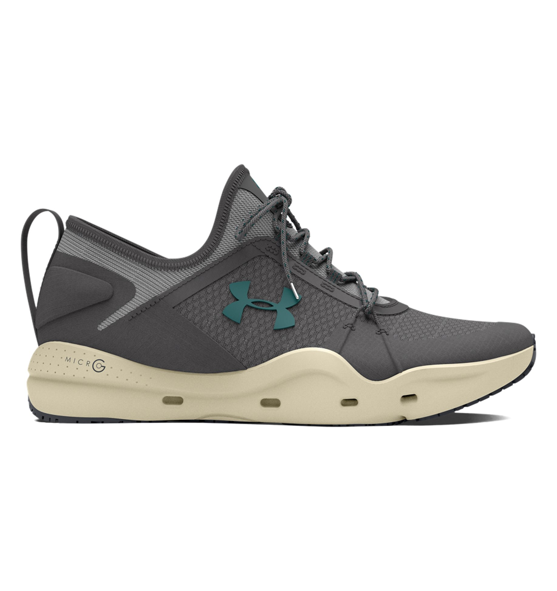 Under Armour UA Micro G Kilchis Fishing Shoes in gray with teal accents, designed for comfort and traction on wet surfaces.