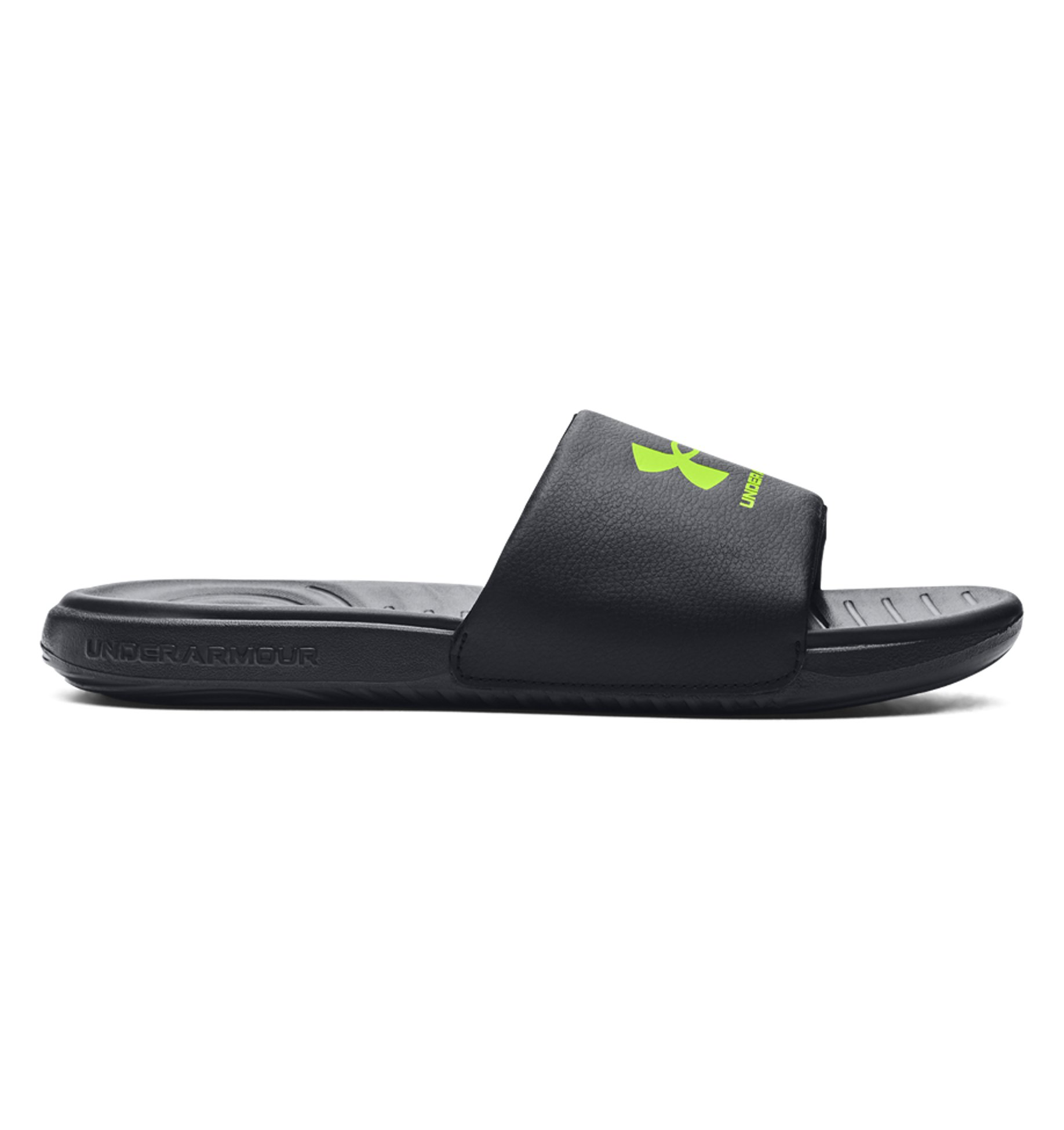 Under Armour UA Ansa Fixed Slides in black with green logo, featuring a comfortable fixed strap and durable EVA outsole.