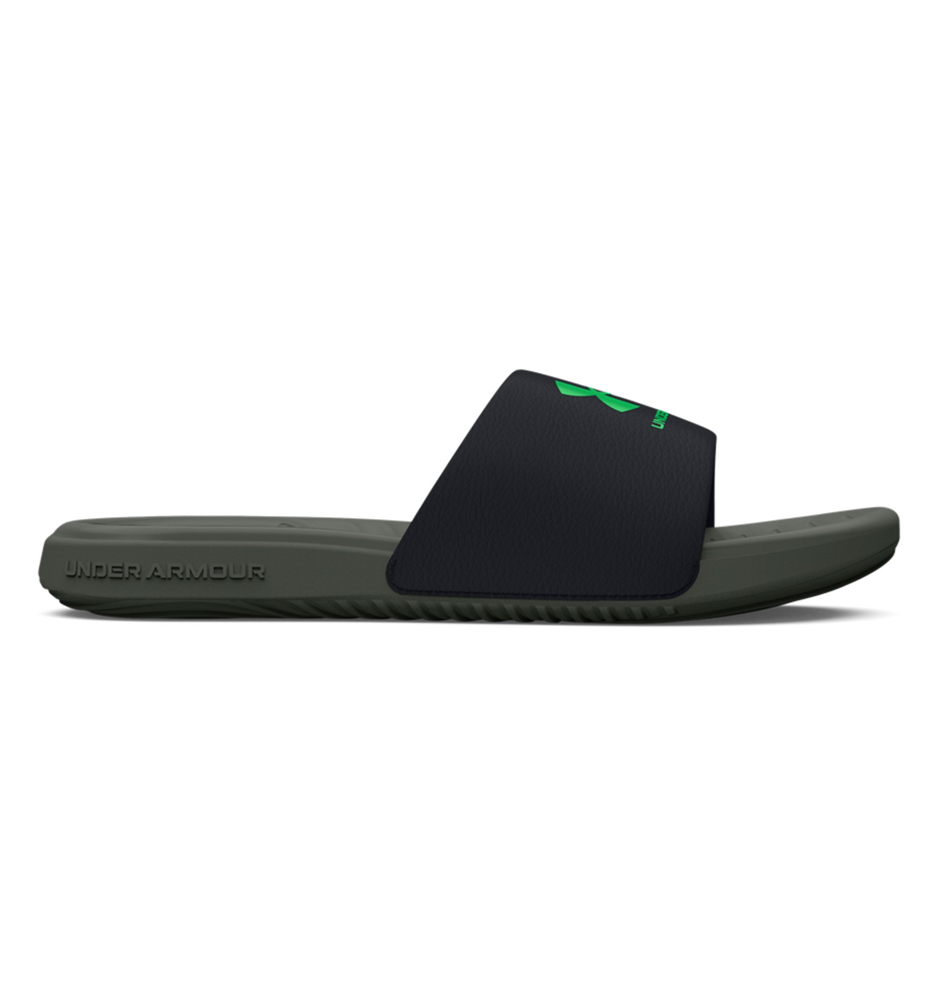 Under Armour UA Ansa Fixed Slides in black and green, featuring a comfortable fixed strap and durable EVA outsole.