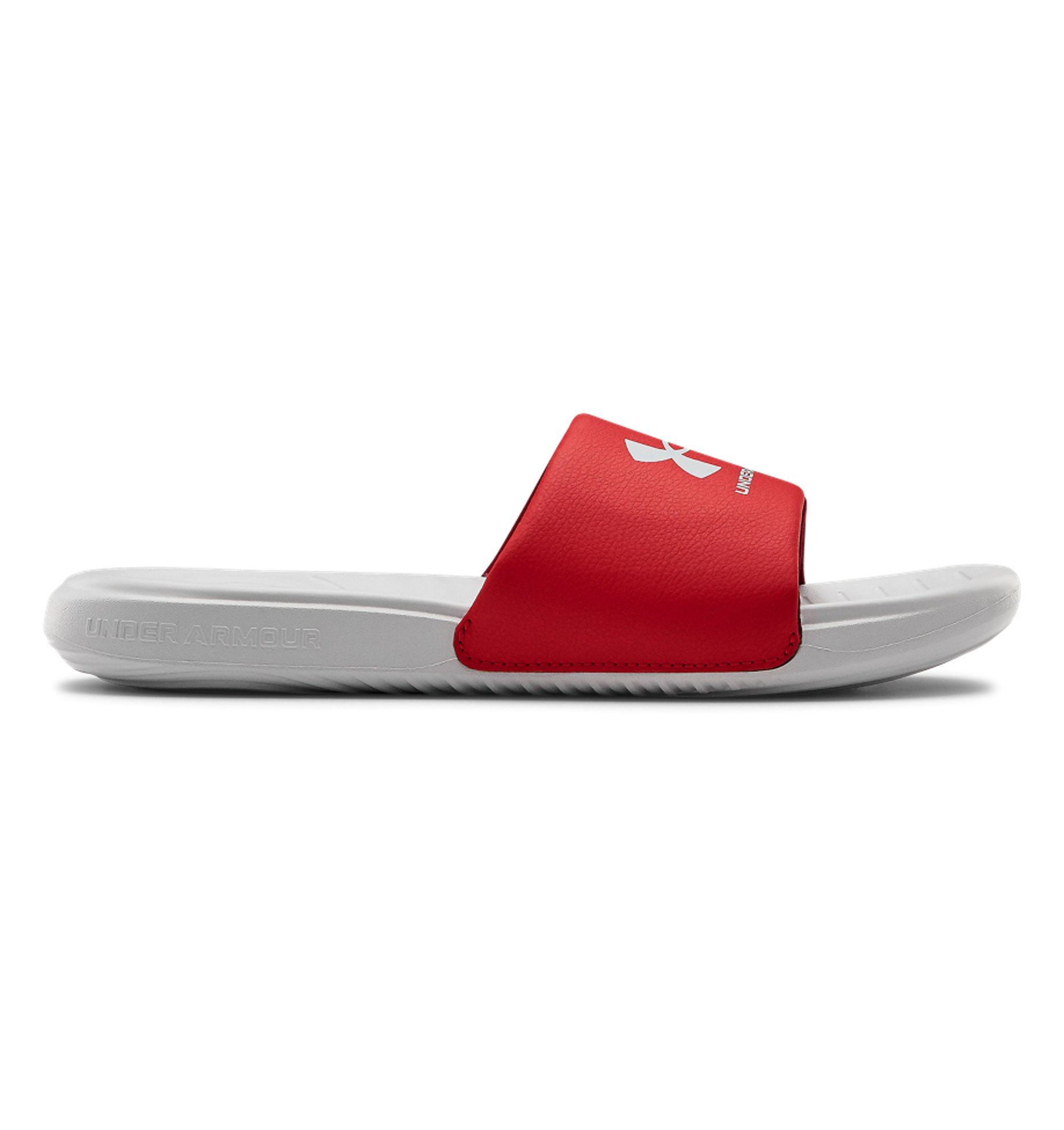 Under Armour UA Ansa Fixed Slides in red and white, featuring a comfortable fixed strap and durable EVA outsole.