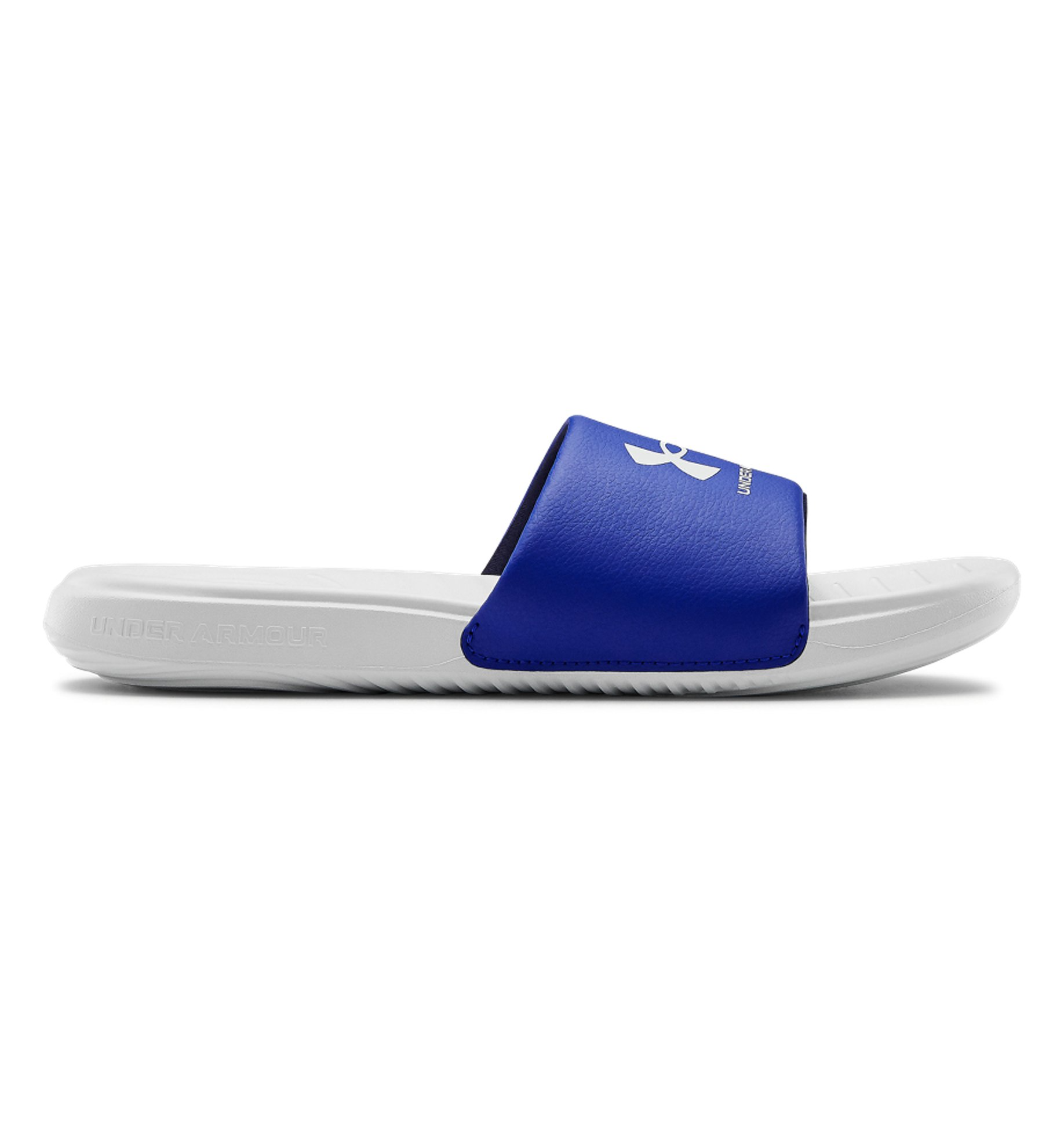 Under Armour UA Ansa Fixed Slides in blue and white, featuring a comfortable fixed strap and durable EVA outsole.