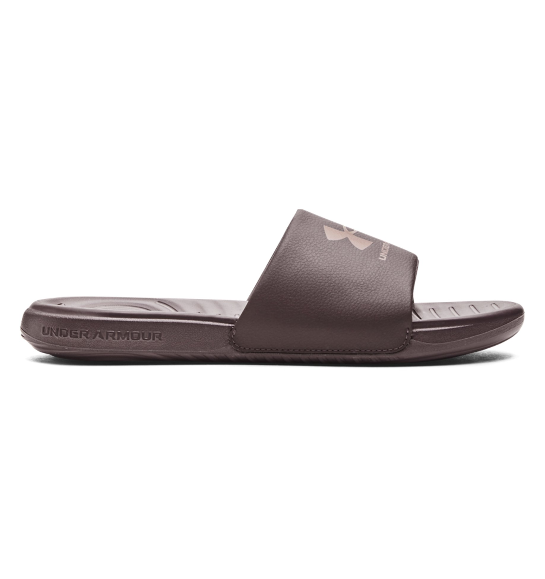 Under Armour UA Ansa Fixed Slides in brown with a comfortable fixed strap, perfect for athletes and locker room use.