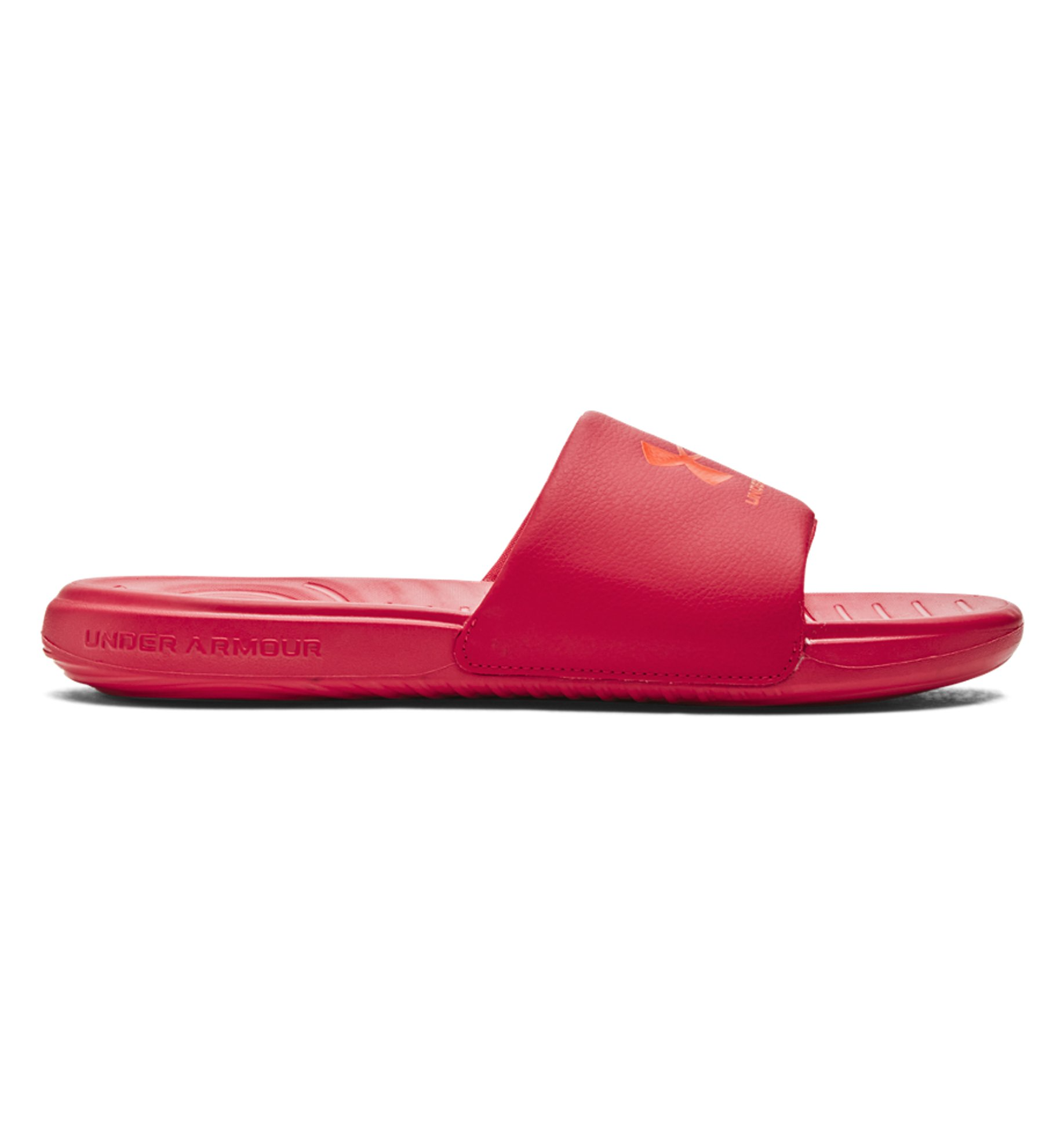 Under Armour UA Ansa Fixed Slides in vibrant red, featuring a comfortable fixed strap and EVA footbed for cushioning.