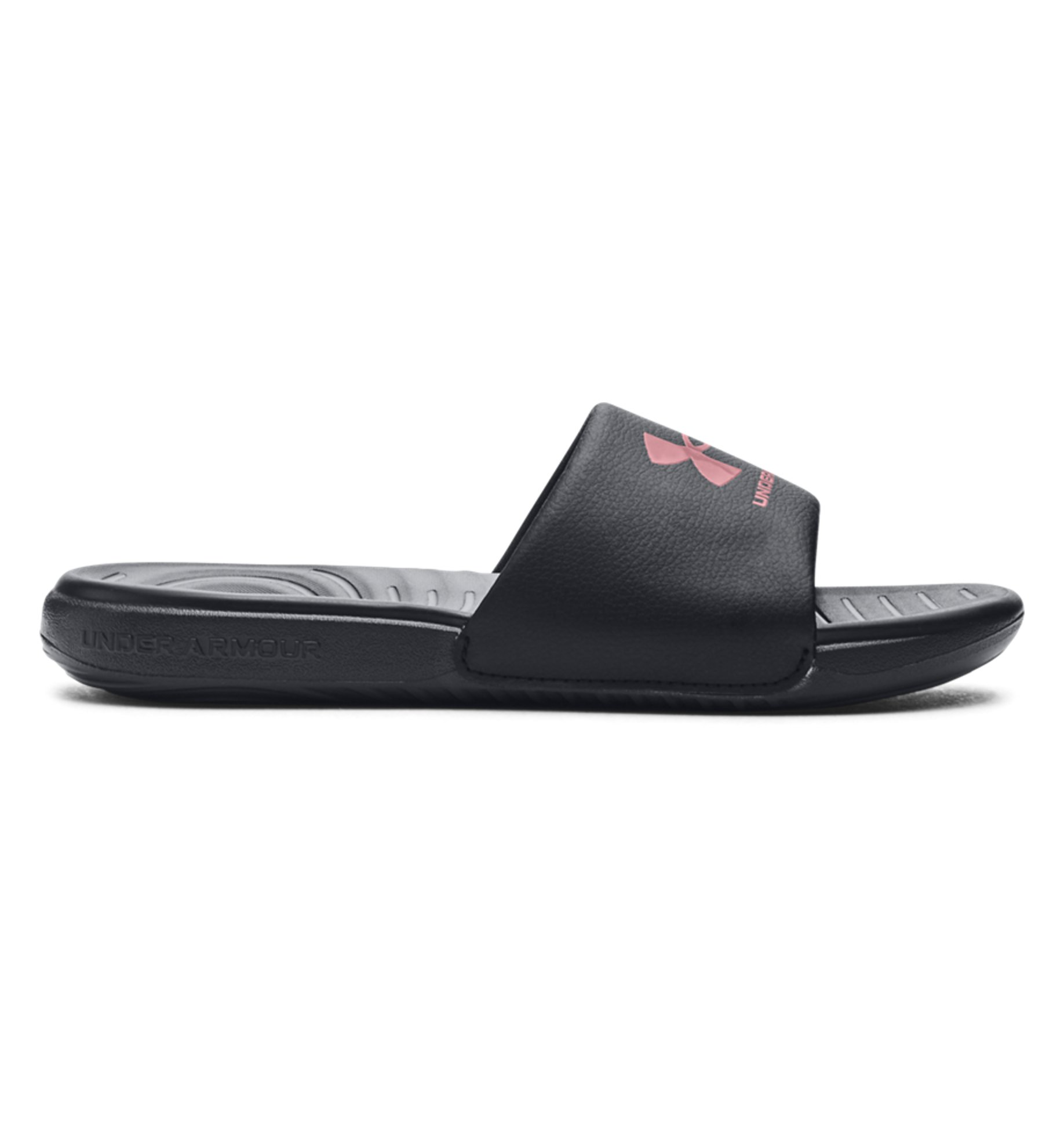 Under Armour Women's UA Ansa Fixed Slides in black, featuring a comfortable fixed strap and EVA footbed for cushioning.