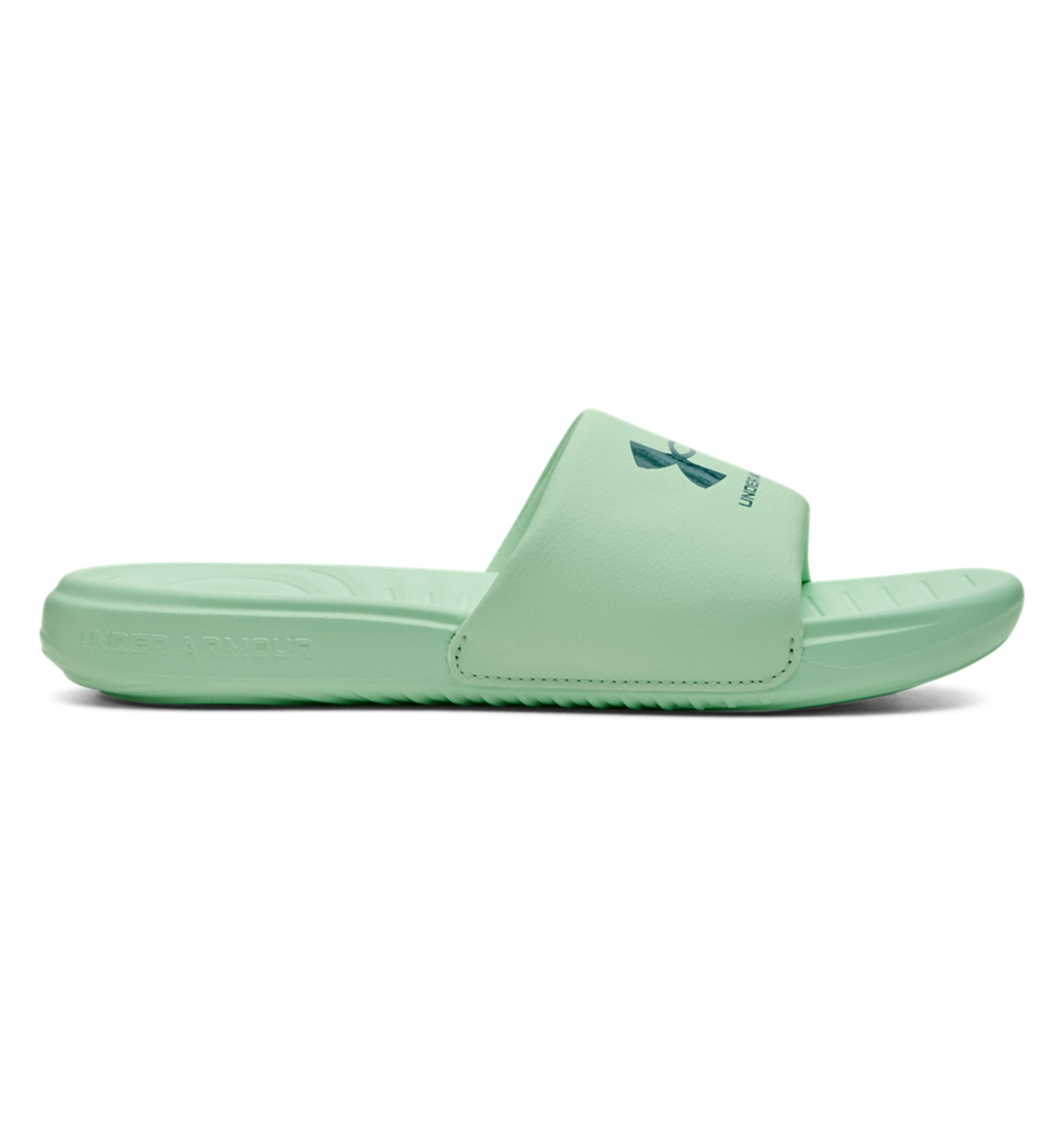 Under Armour Women's UA Ansa Fixed Slides in mint green, featuring a comfortable fixed strap and EVA footbed for cushioning.