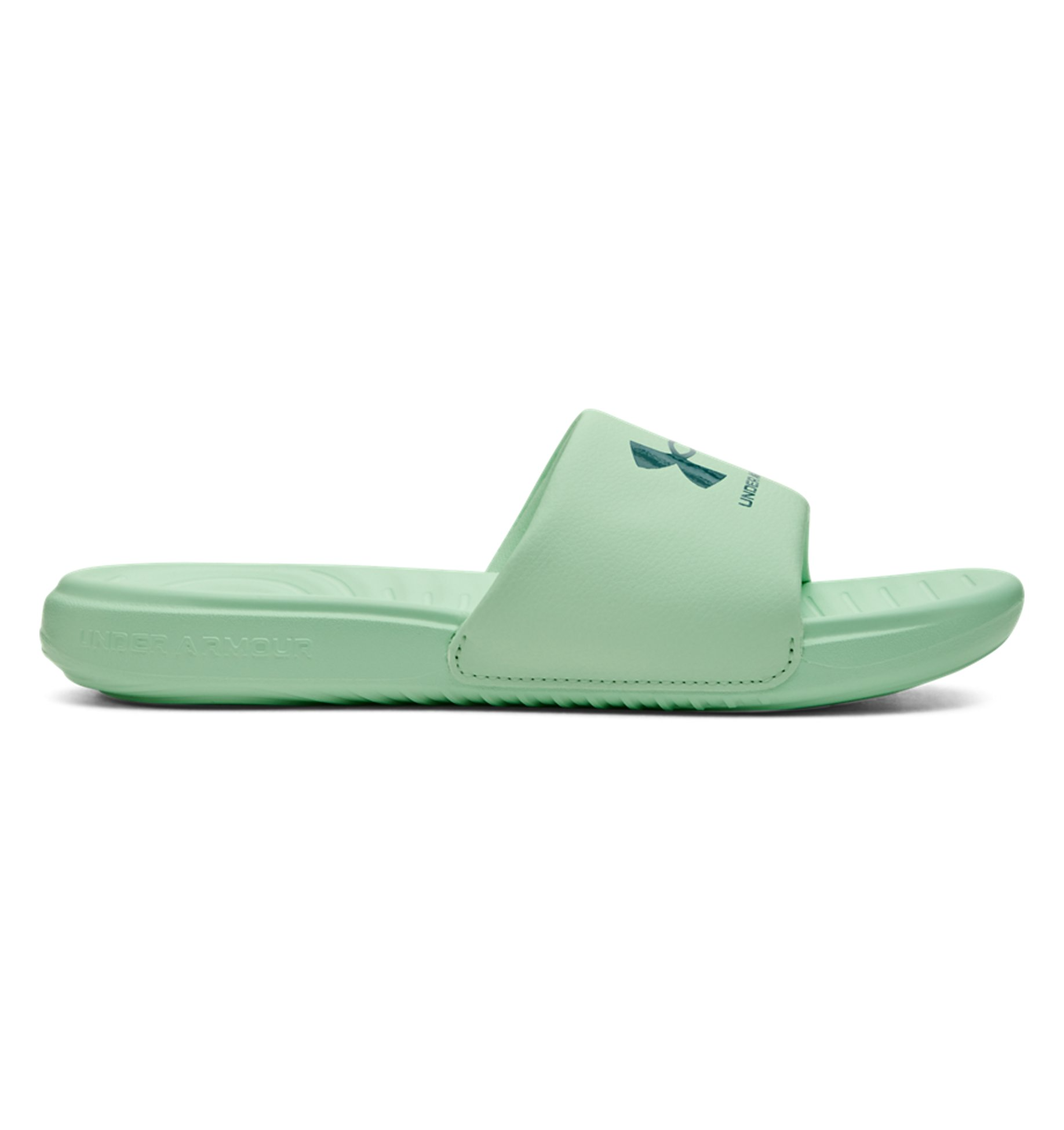 Under Armour Women's UA Ansa Fixed Slides in green, featuring a comfortable fixed strap and durable EVA outsole.