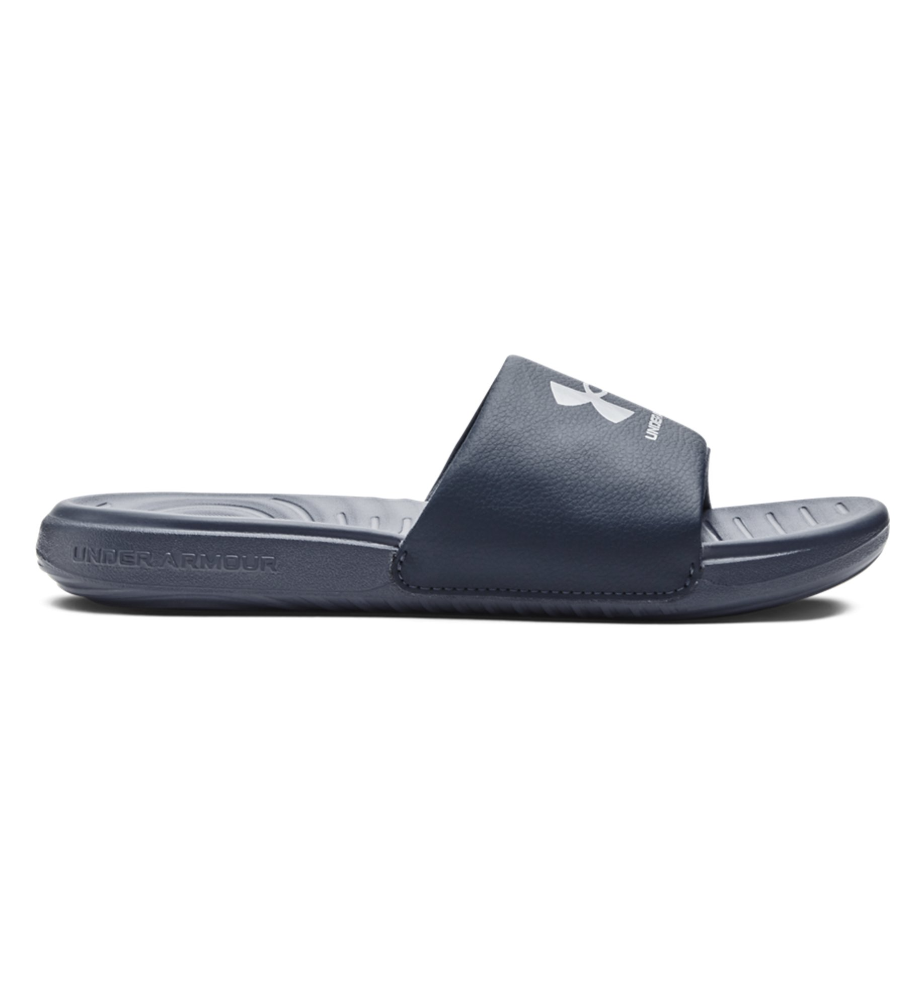 Under Armour Women's UA Ansa Fixed Slides in navy blue with comfortable fixed strap and EVA footbed for cushioning.