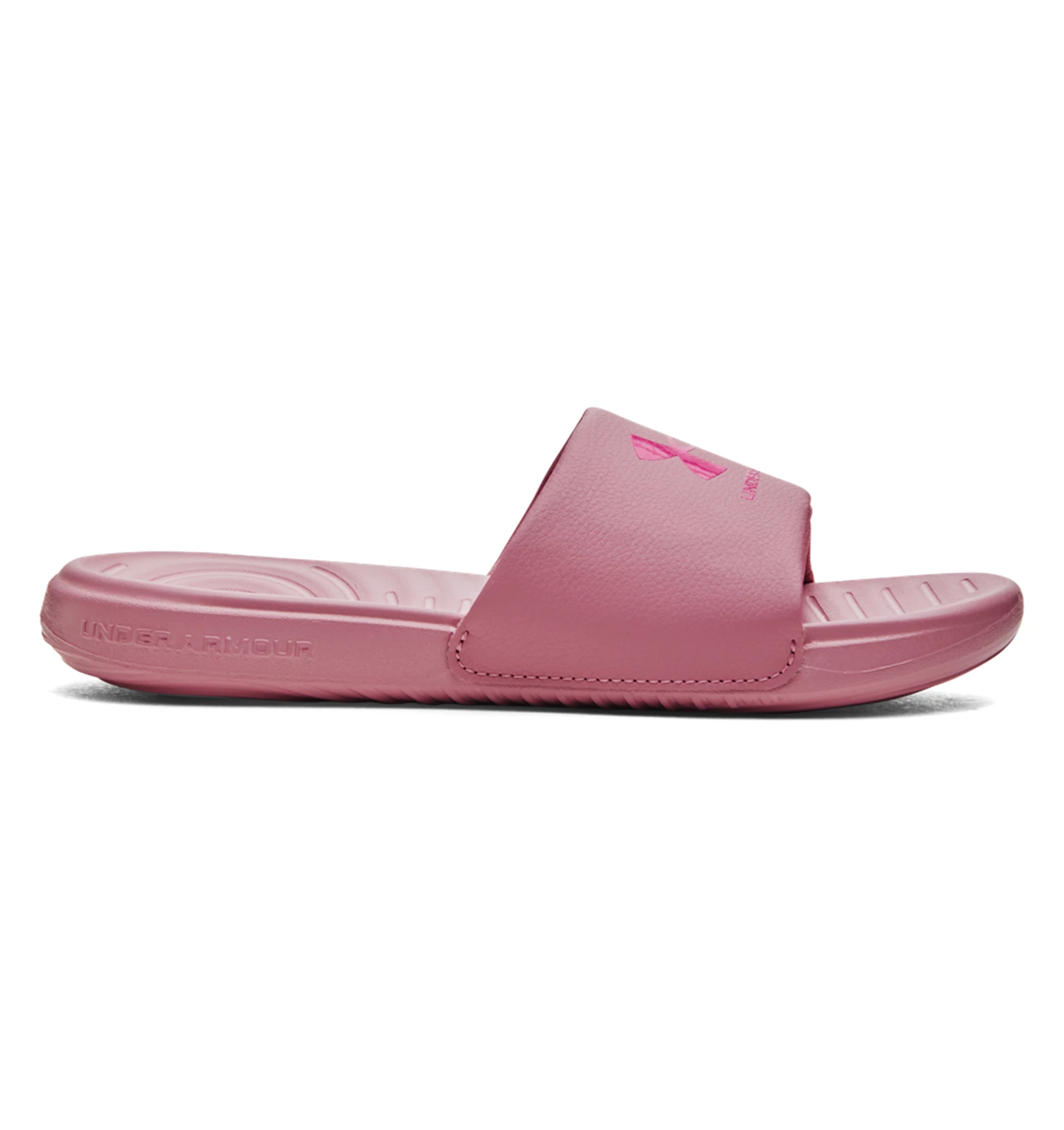 Under Armour Women's UA Ansa Fixed Slides in pink, featuring a fixed strap and EVA footbed for comfort and durability.