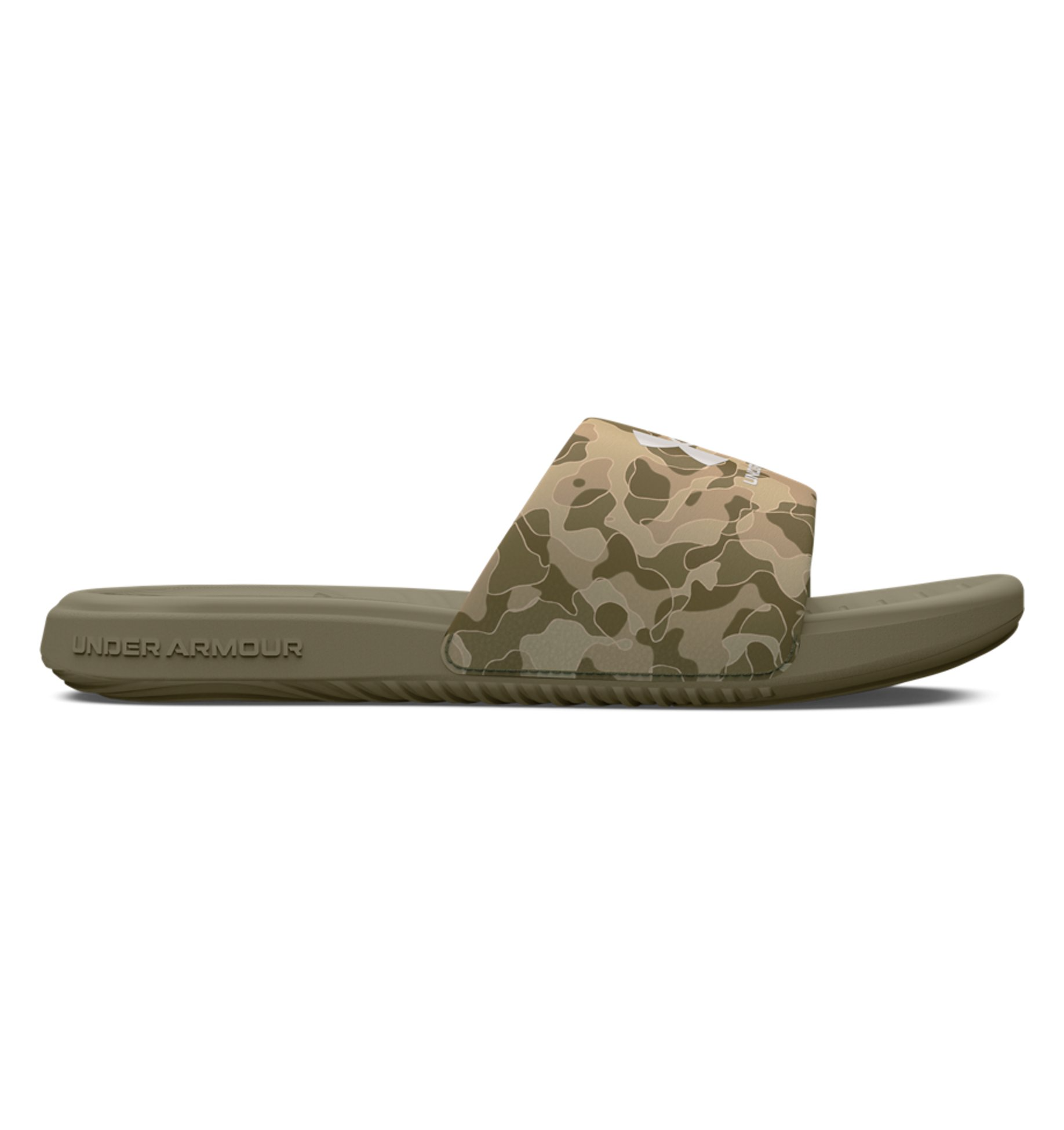 Under Armour UA Ansa Graphic Slides in camo design, featuring a fixed strap and cushioned EVA footbed for comfort.