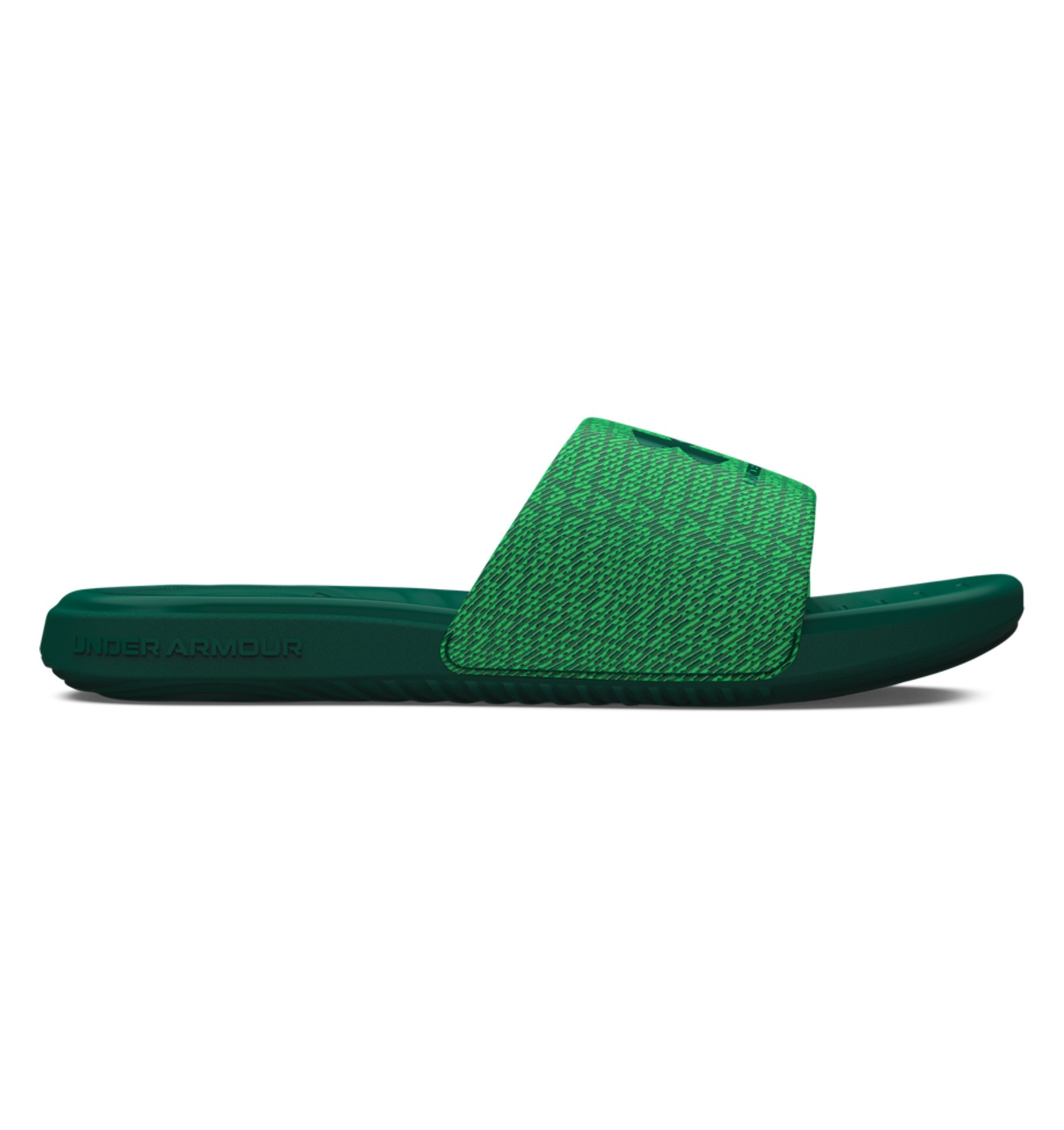 Under Armour UA Ansa Graphic Slides in green with a fixed strap and cushioned EVA footbed for comfort and traction.