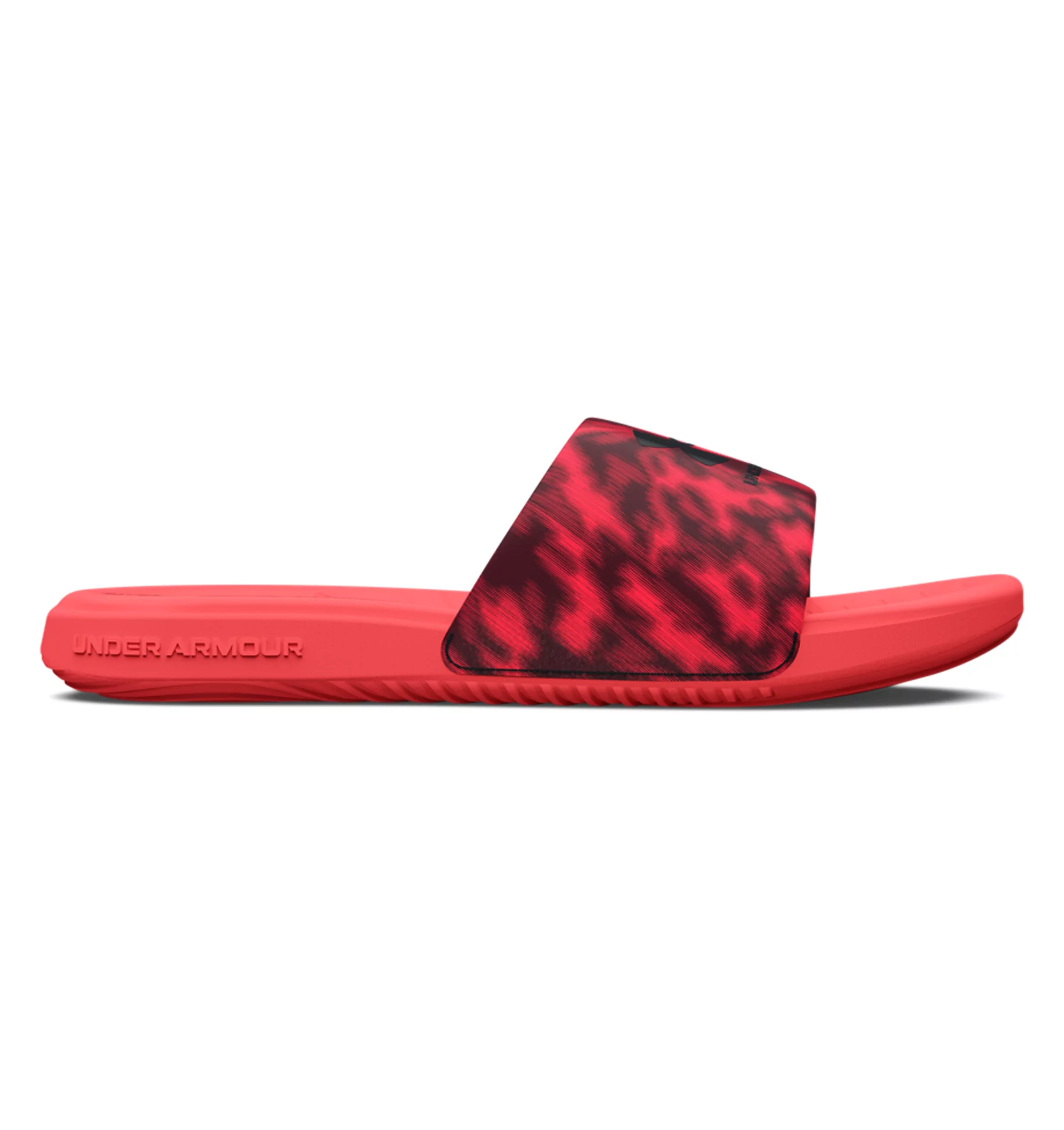 Under Armour UA Ansa Graphic Slides in red with a fixed strap and EVA footbed for comfort and durability.