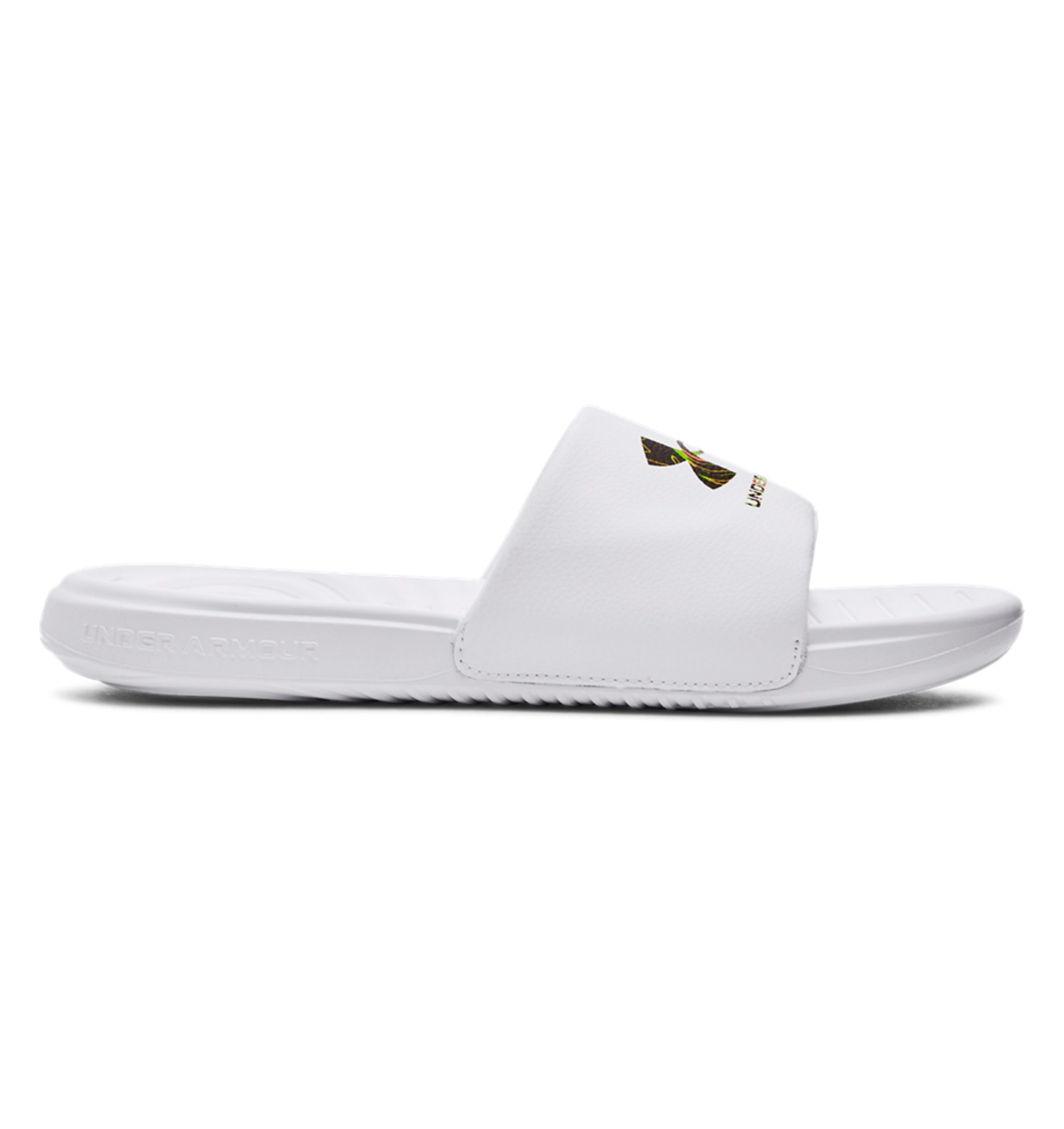 Under Armour UA Ansa Graphic Logo Slides in white, featuring comfortable strap and durable EVA footbed for athletes.
