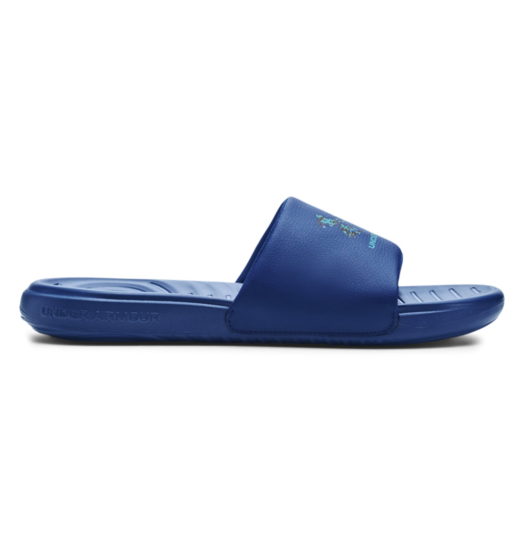 Under Armour UA Ansa Graphic Logo Slides in blue, featuring a comfortable fixed strap and durable EVA outsole for athletes.