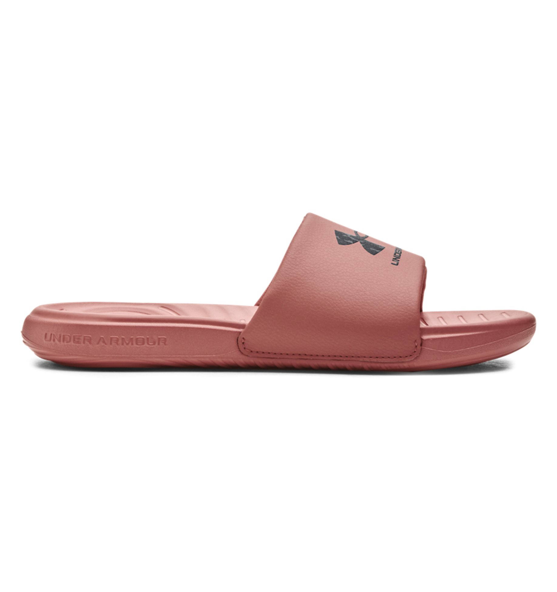 Under Armour UA Ansa Graphic Logo Slides in pink, featuring a comfortable fixed strap and EVA footbed for cushioning.