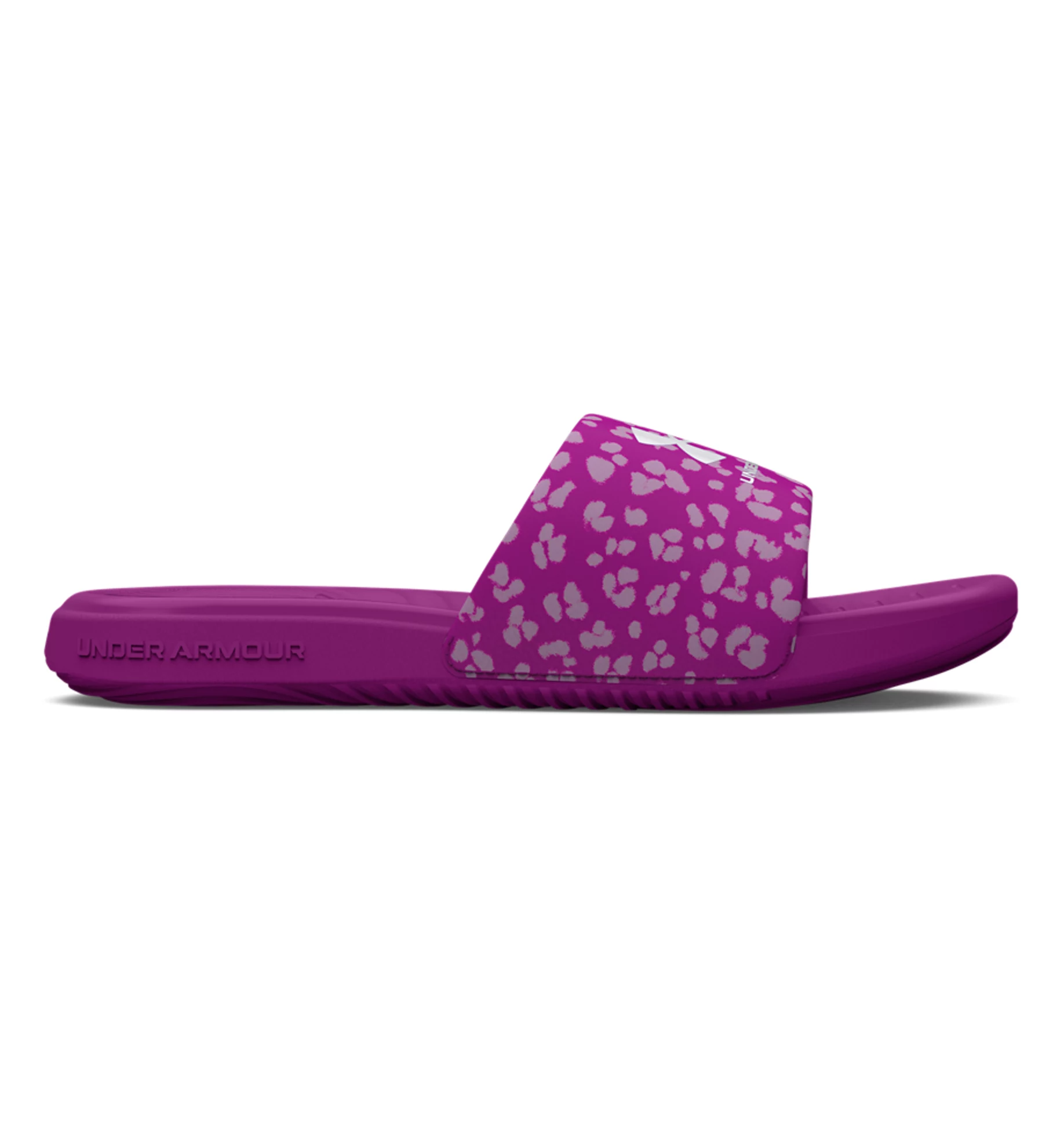 Under Armour Women's UA Ansa Graphic Slides in purple with leopard print, featuring a comfortable foam strap and durable outsole.