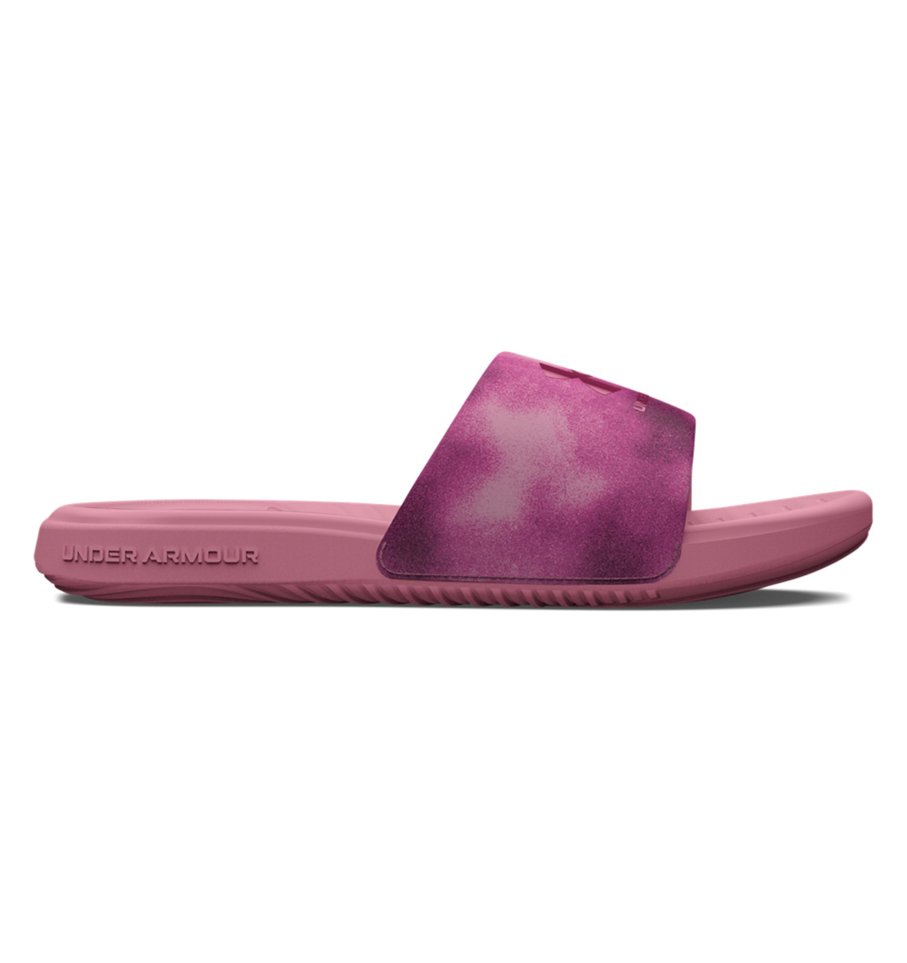 Under Armour Women's UA Ansa Graphic Slides in pink, featuring a comfortable fixed strap and EVA footbed, perfect for casual wear.