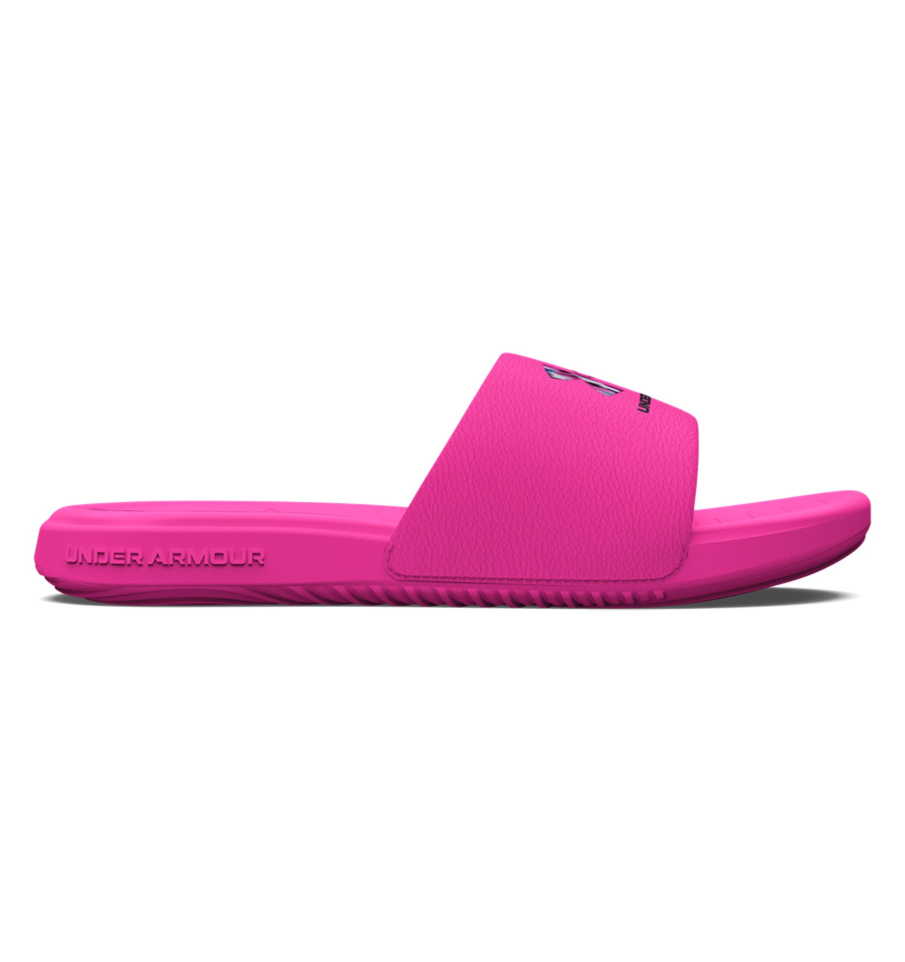 Under Armour Women's UA Ansa Graphic Slides in pink, featuring a comfortable fixed strap and EVA footbed for cushioning.