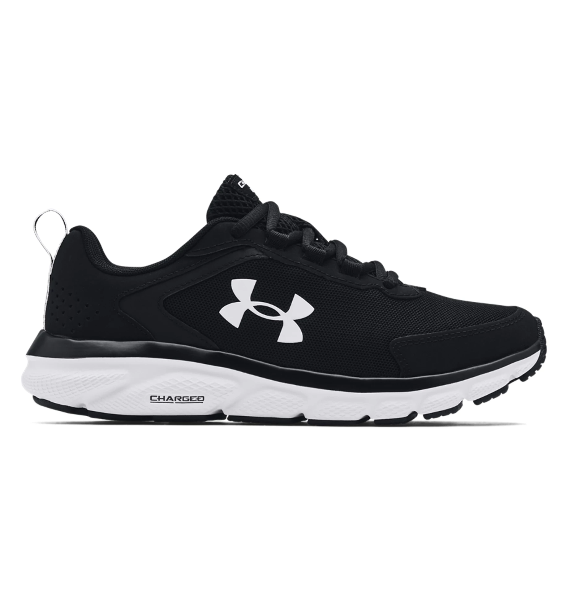 Under Armour Women's UA Charged Assert 9 Running Shoes in black, featuring a breathable mesh upper and durable leather overlays.