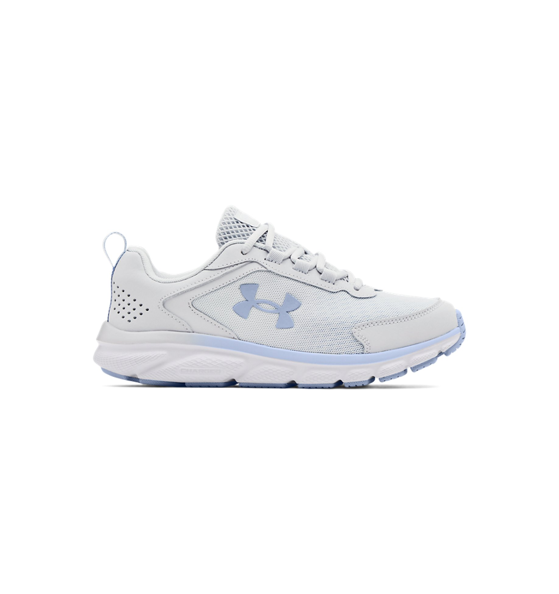 Under Armour Women's UA Charged Assert 9 Running Shoes in white and light blue, featuring breathable mesh and durable leather overlays.