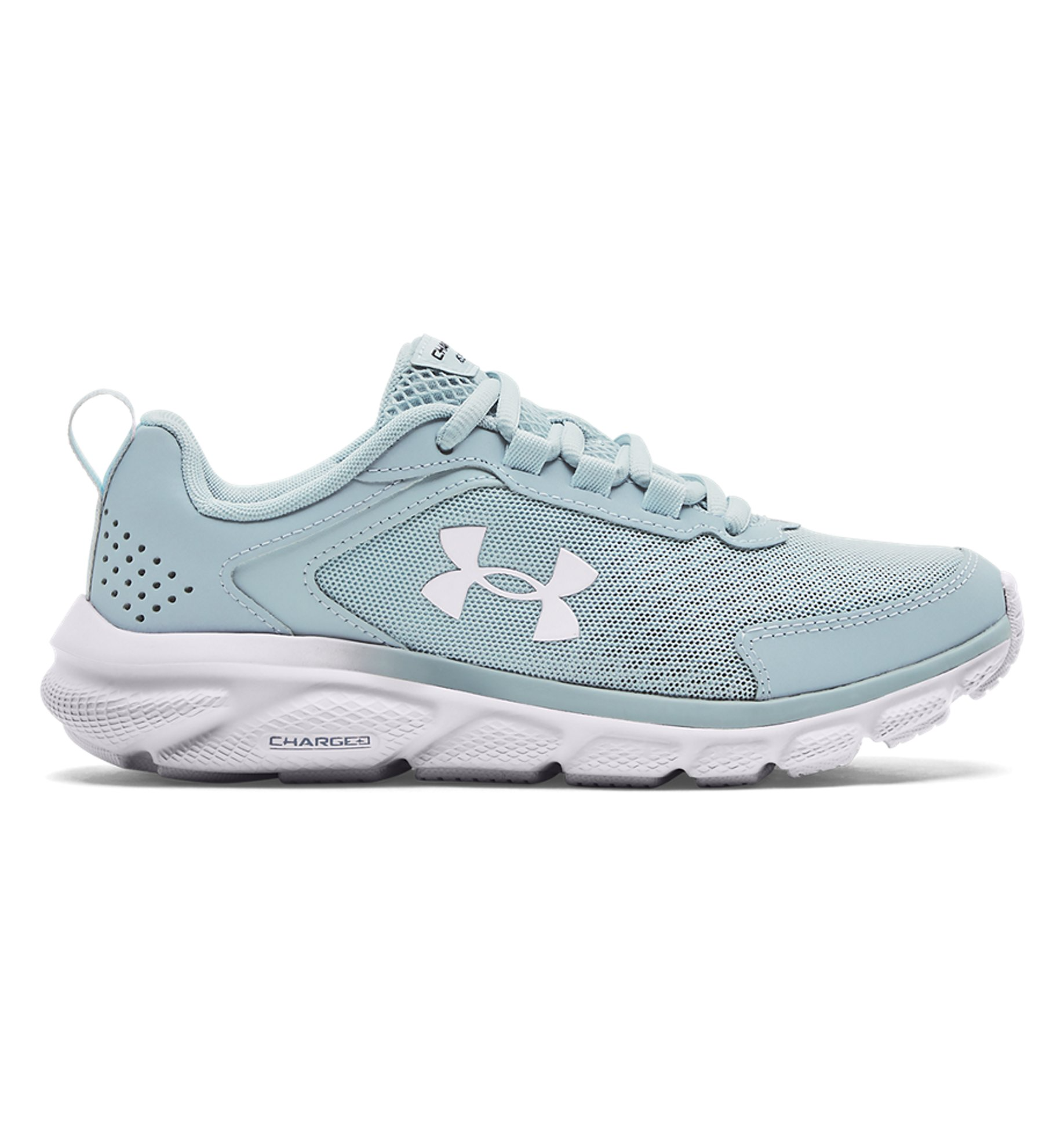 Under Armour Women's UA Charged Assert 9 Running Shoes in light blue with breathable mesh upper and durable leather overlays.