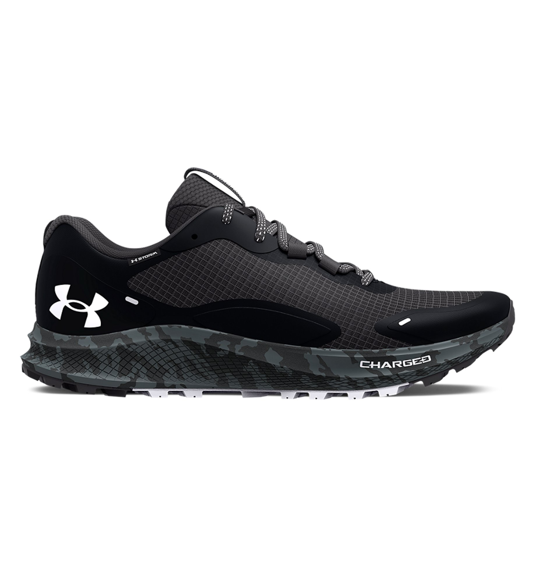 Under Armour Women's UA Charged Bandit Trail 2 Storm Running Shoes in black, featuring lightweight design and rugged traction for trail running.