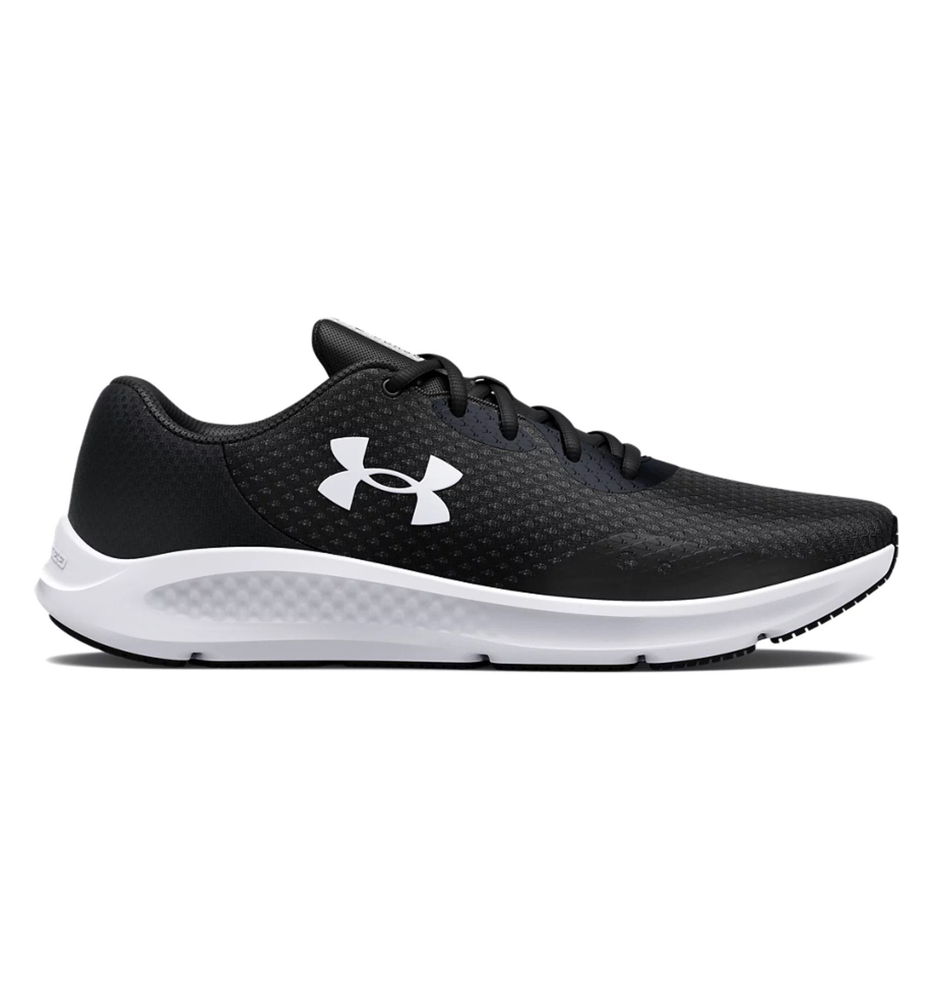 Under Armour UA Charged Pursuit 3 running shoes in black, featuring breathable mesh upper and Charged Cushioning for impact protection.