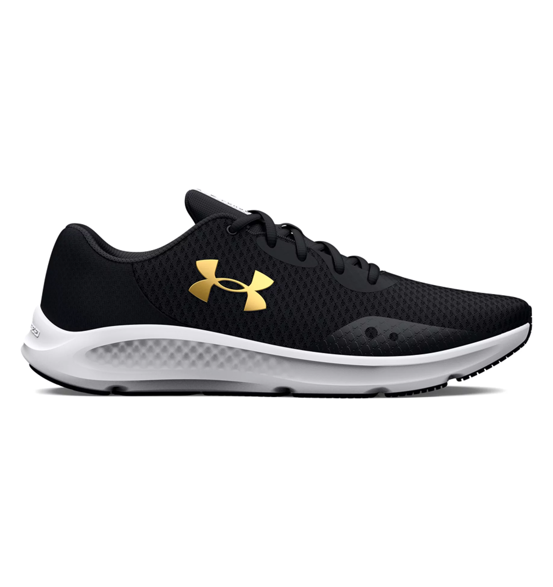 Under Armour UA Charged Pursuit 3 running shoes in black with gold logo, featuring breathable mesh upper and cushioned sole.