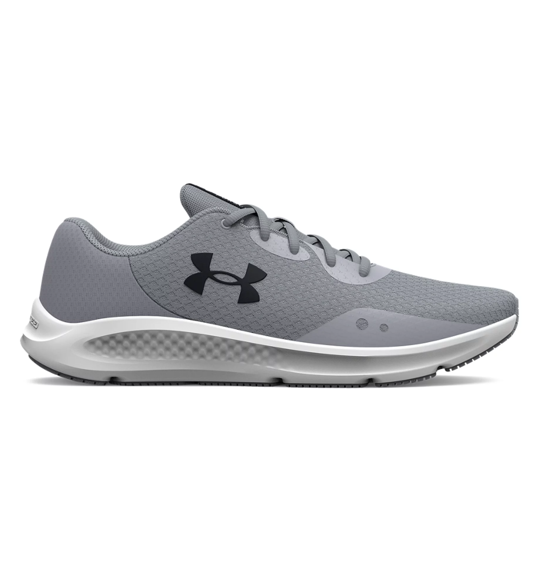Under Armour UA Charged Pursuit 3 running shoes in grey, featuring breathable mesh upper and Charged Cushioning for comfort.