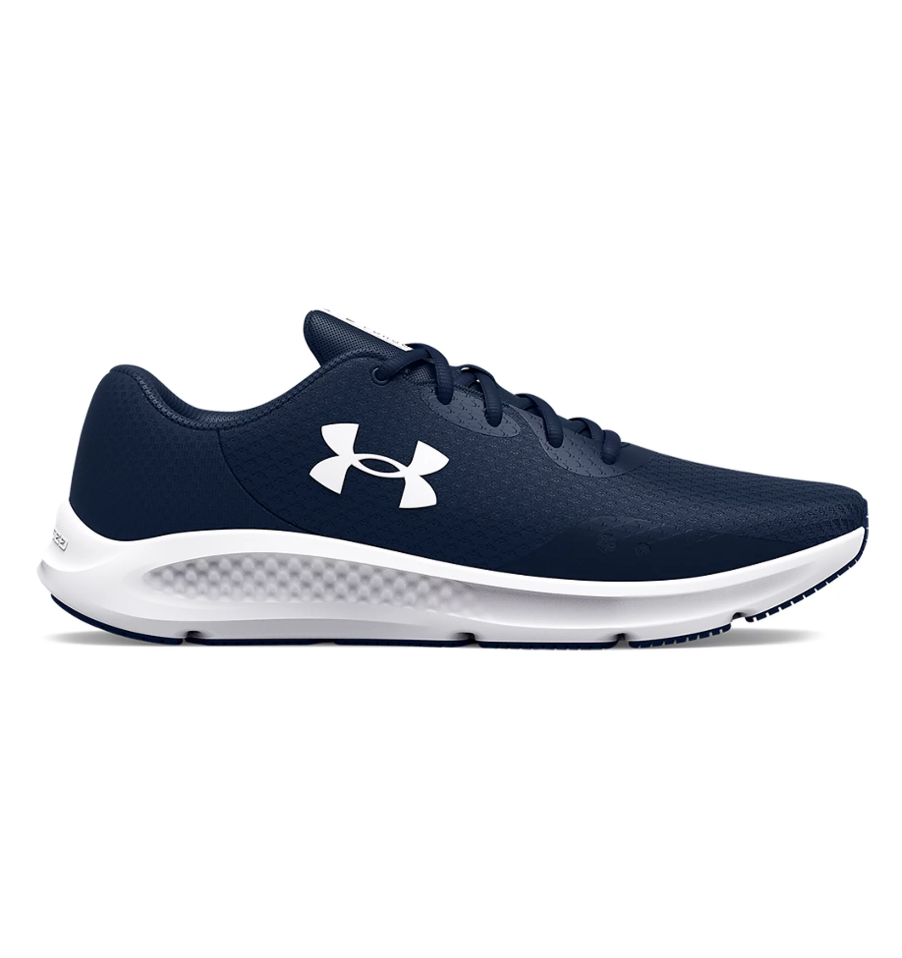 Under Armour UA Charged Pursuit 3 Running Shoes in navy, featuring breathable mesh and Charged Cushioning for comfort.