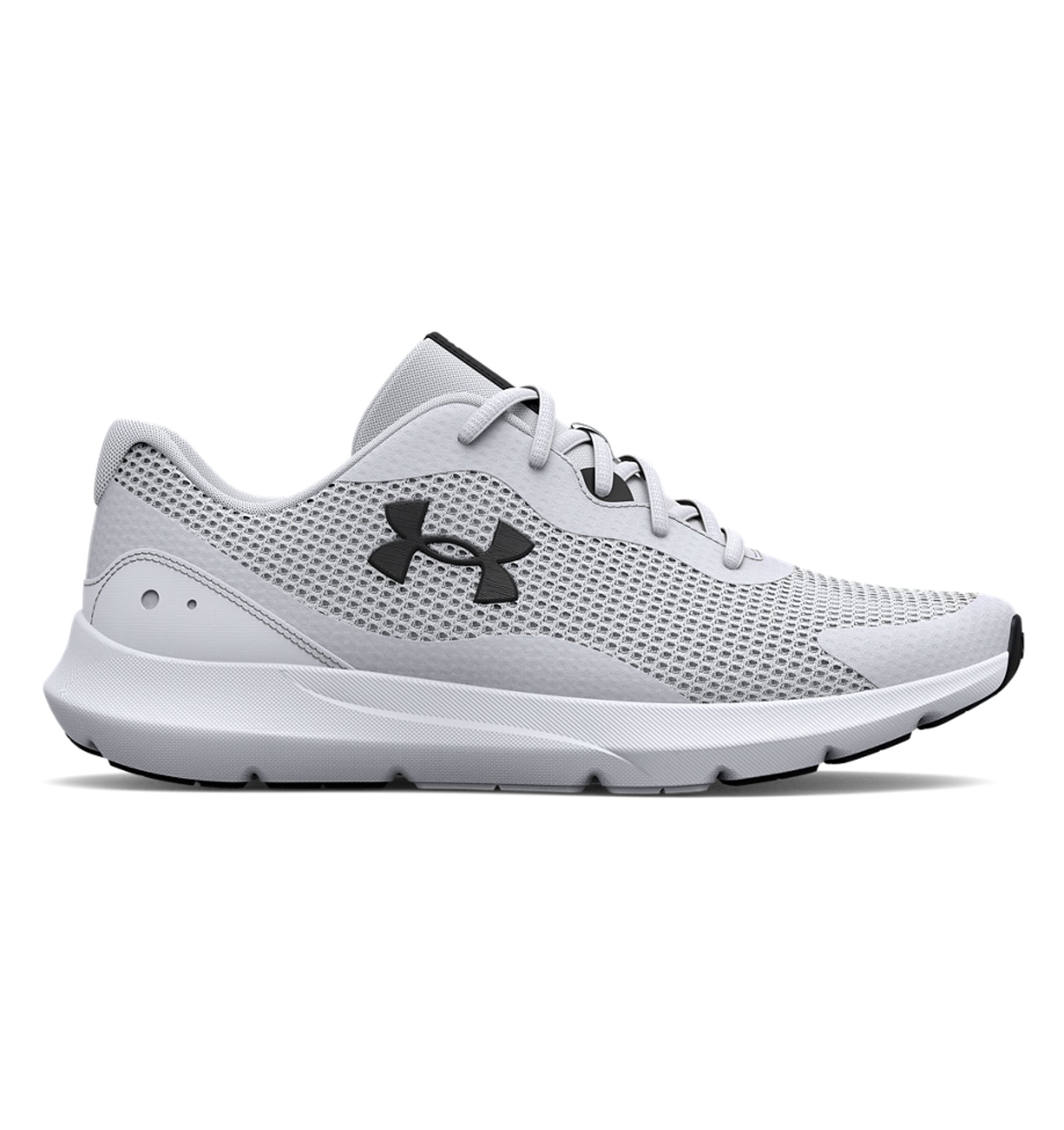 Under Armour UA Surge 3 Running Shoes in white, featuring breathable mesh upper and lightweight design for optimal comfort.
