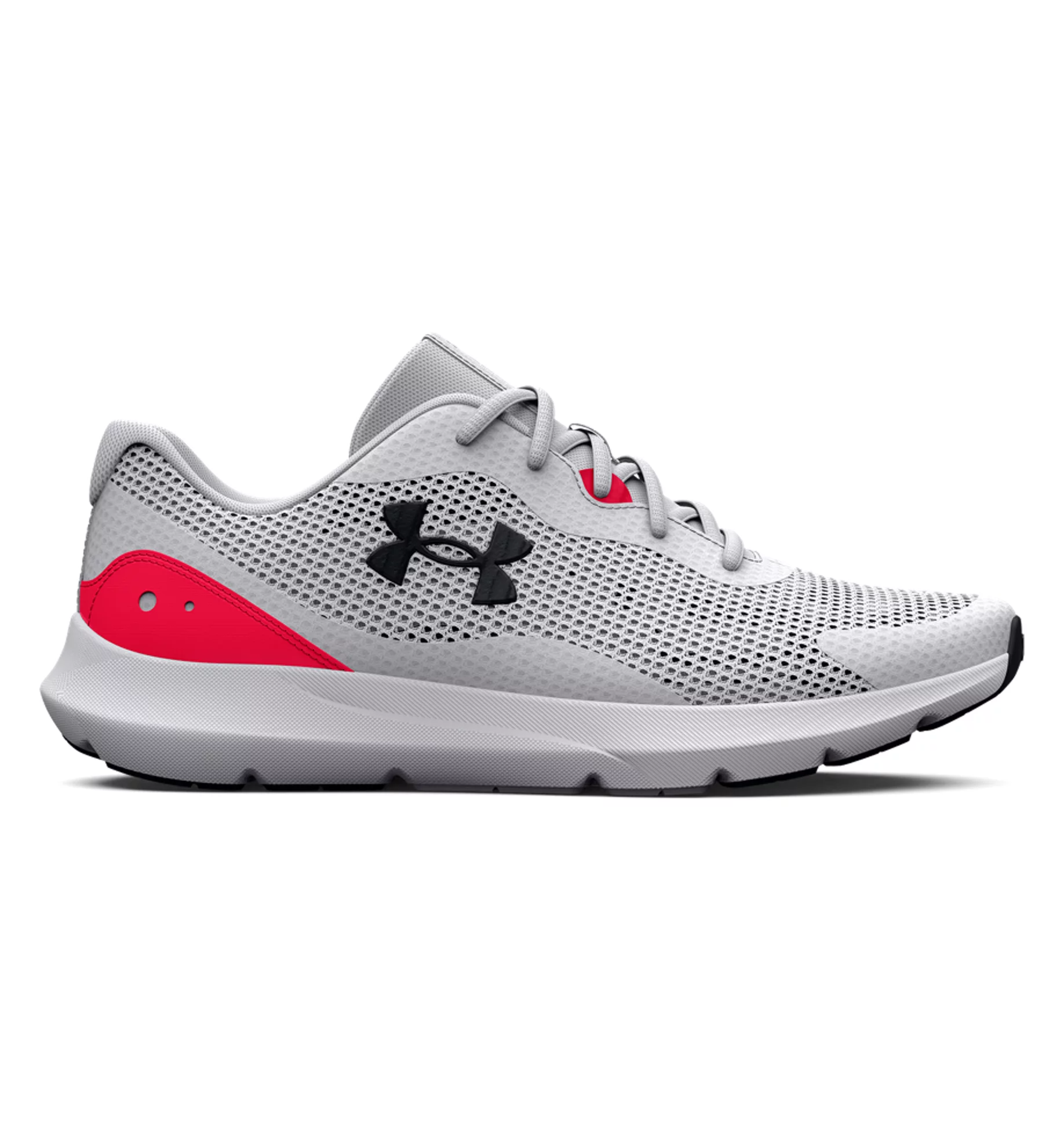 Under Armour UA Surge 3 Running Shoes in gray and pink with a lightweight, breathable mesh upper for ultimate comfort.