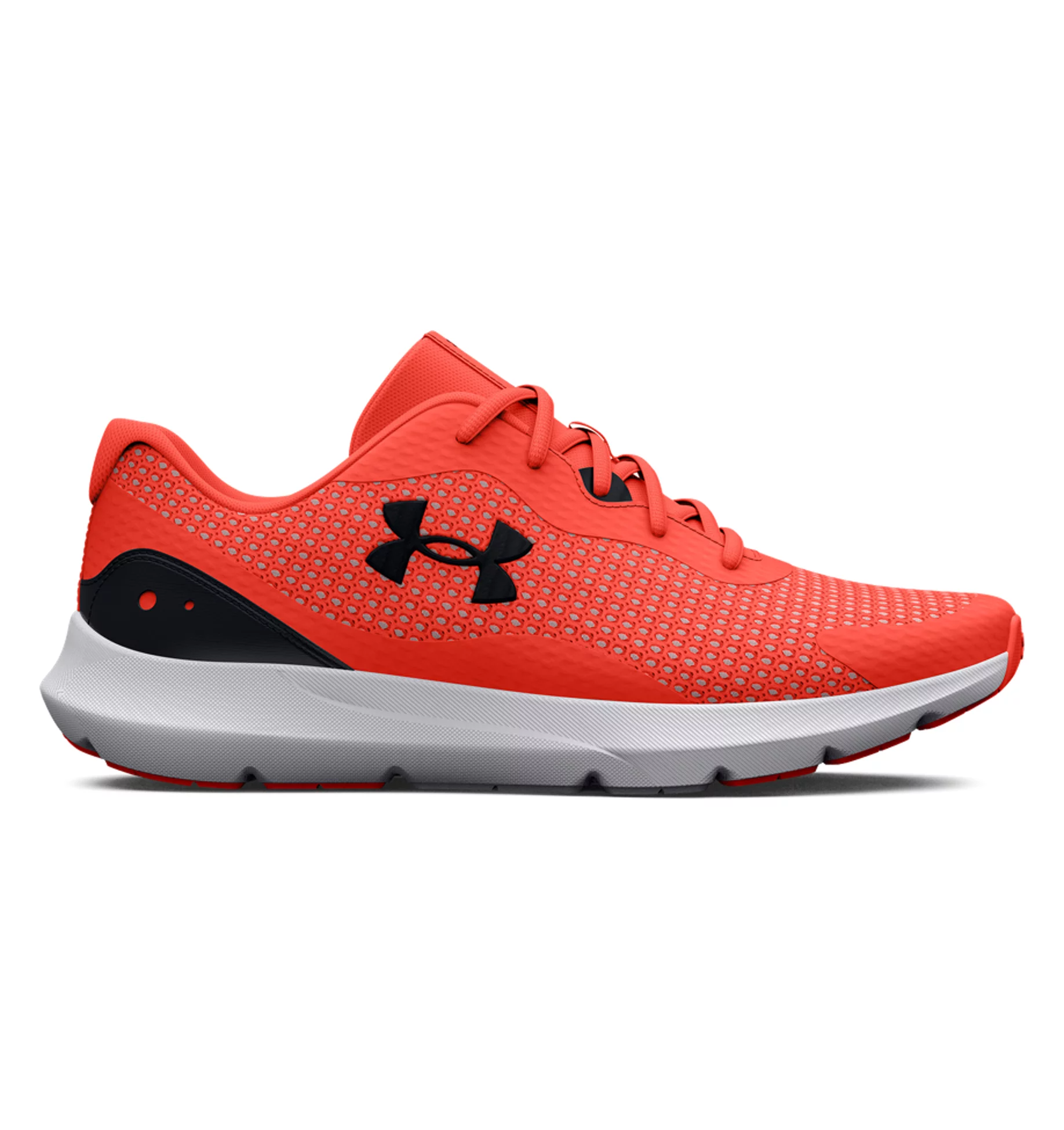 Under Armour UA Surge 3 Running Shoes in bright red with breathable mesh upper and cushioned ankle collar. Perfect for active runners.