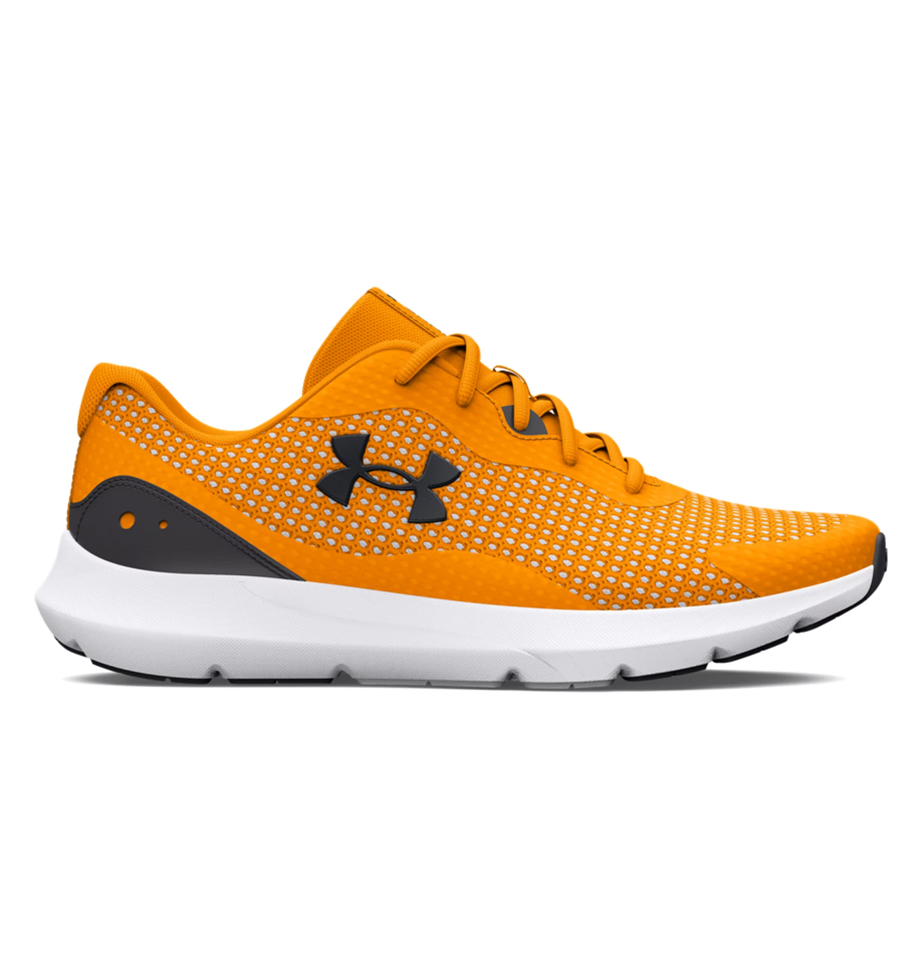 Under Armour UA Surge 3 running shoes in vibrant orange with breathable mesh upper and cushioned ankle for comfortable running.