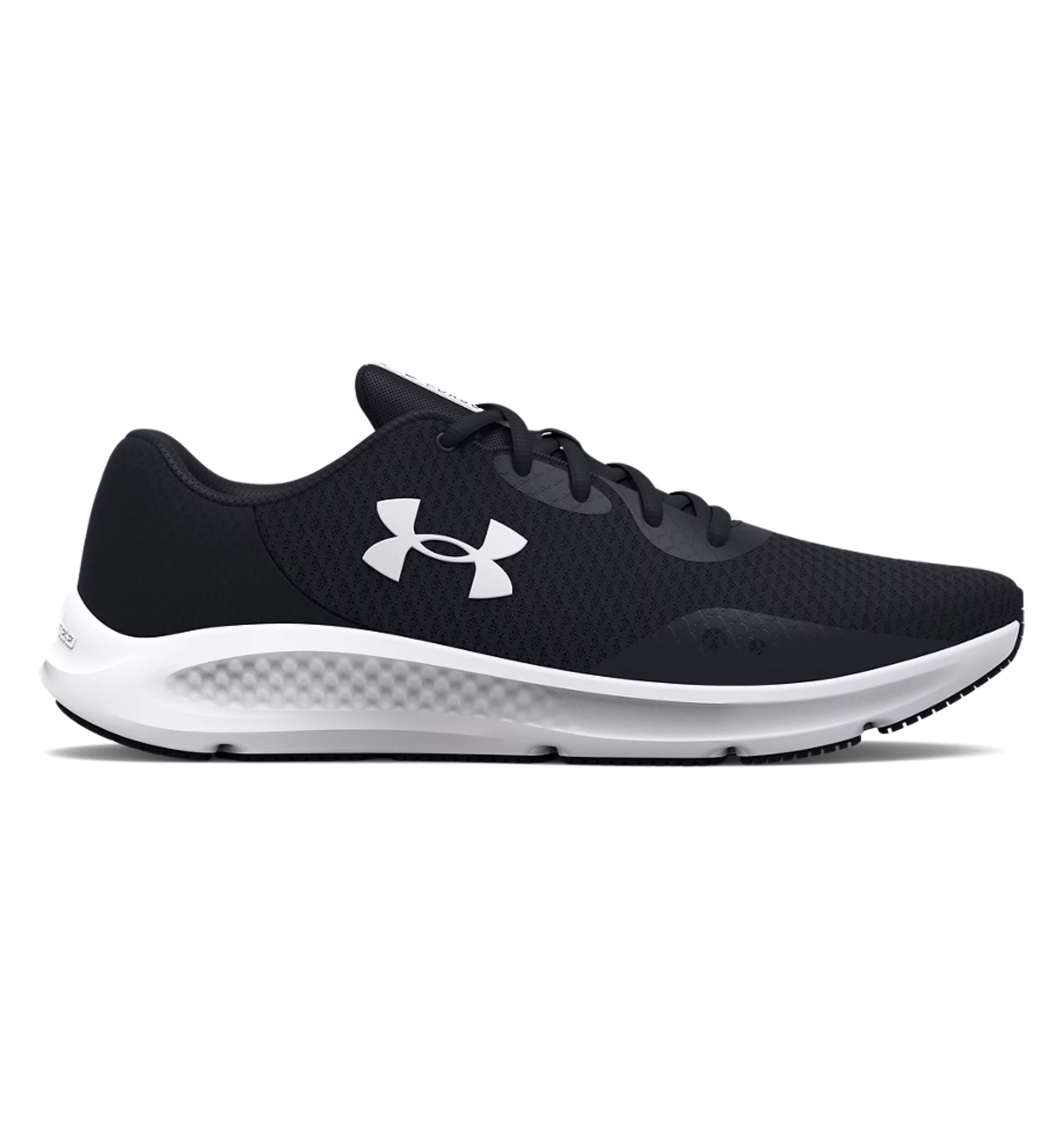 Black Under Armour Women's UA Charged Pursuit 3 Running Shoes with breathable mesh upper and cushioned sole.