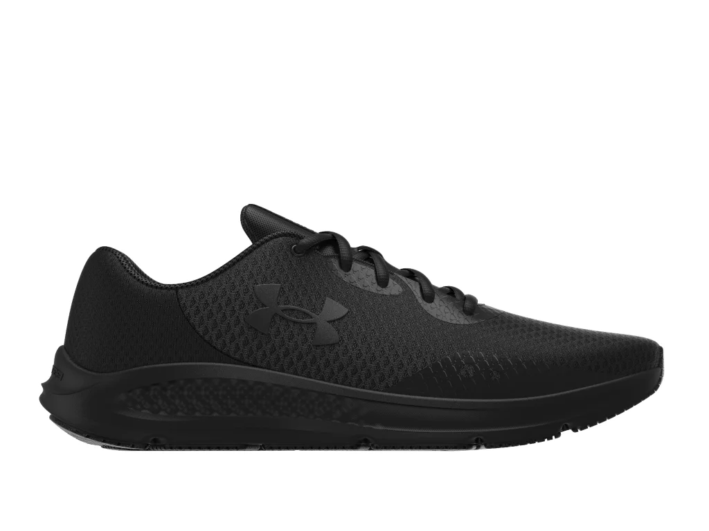 Under Armour Women's UA Charged Pursuit 3 Running Shoes in sleek black with breathable mesh and cushioned support.