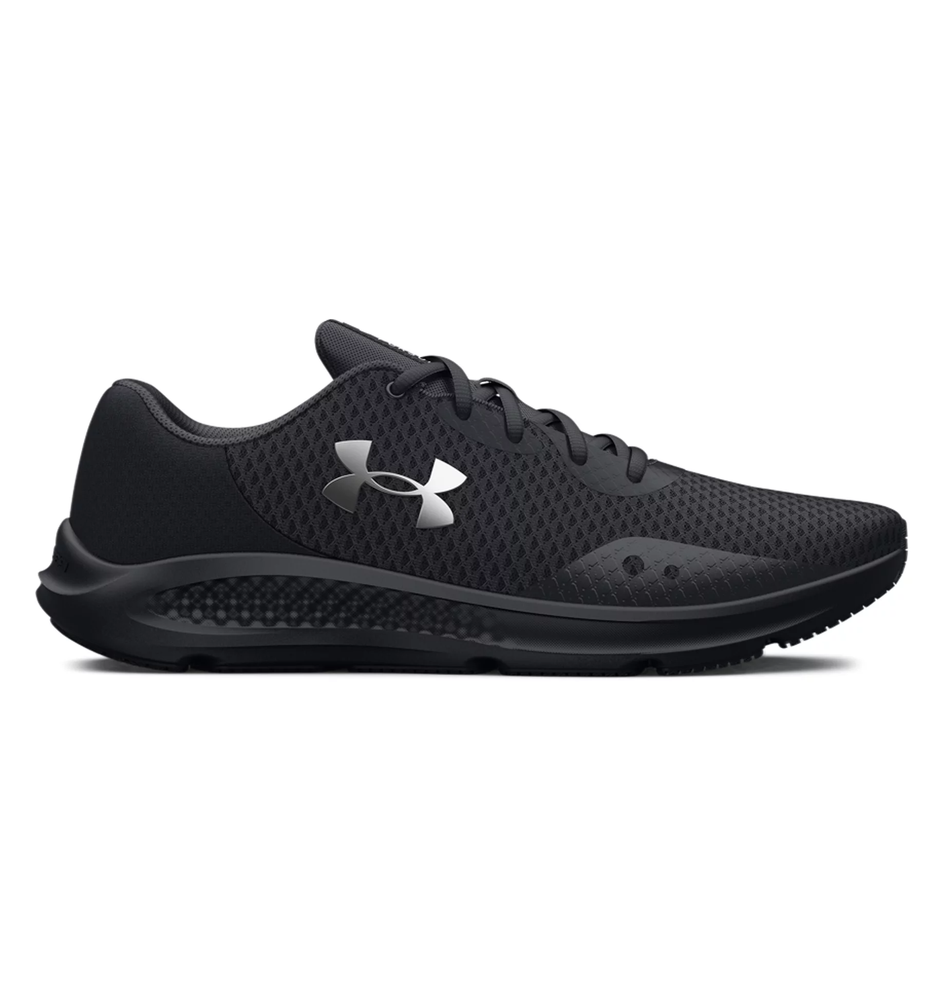 Under Armour Women's UA Charged Pursuit 3 Running Shoes in black with breathable mesh and Charged Cushioning for comfort.