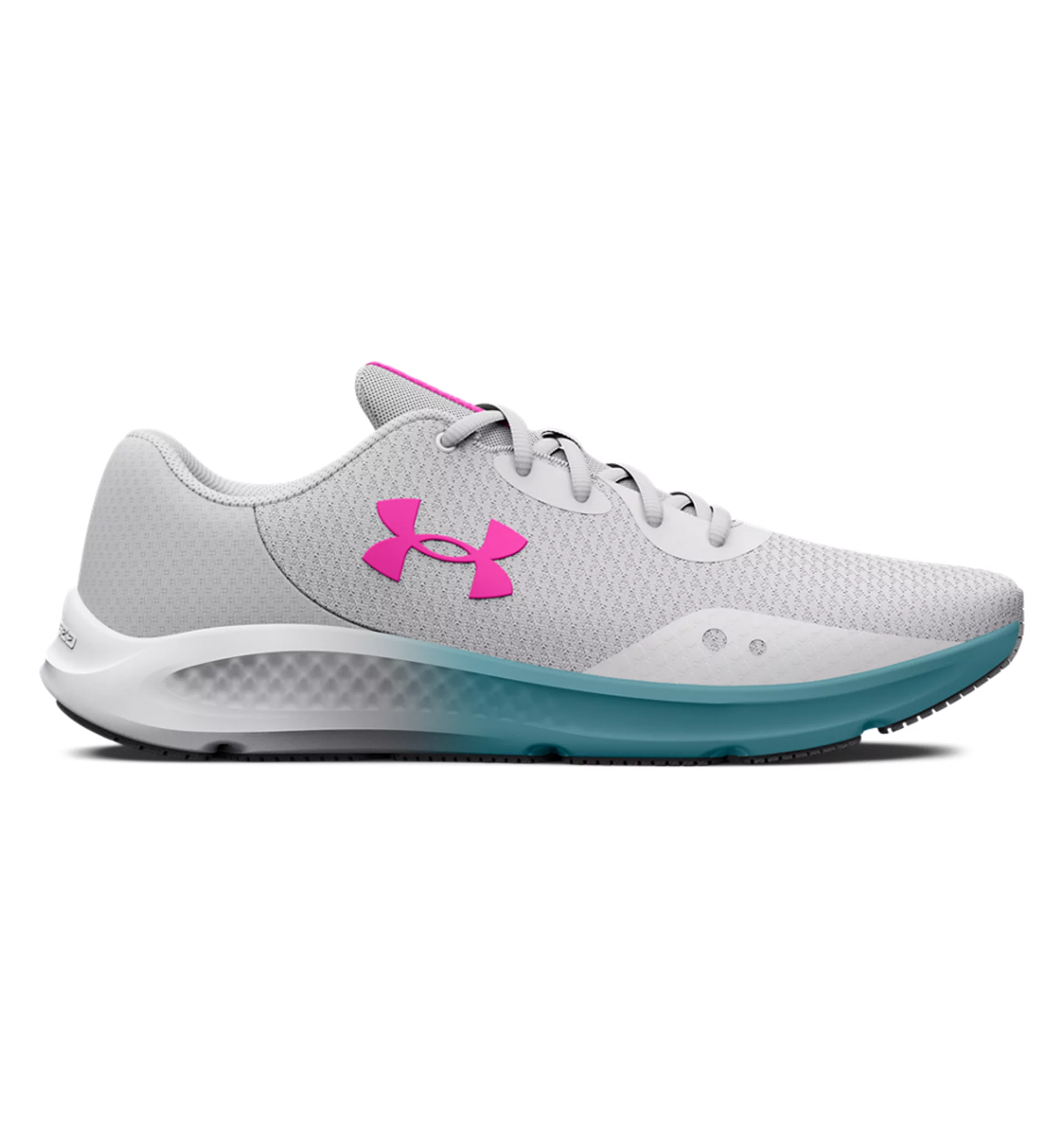 Under Armour Women's UA Charged Pursuit 3 Running Shoes in gray and pink, featuring breathable mesh and charged cushioning for comfort.