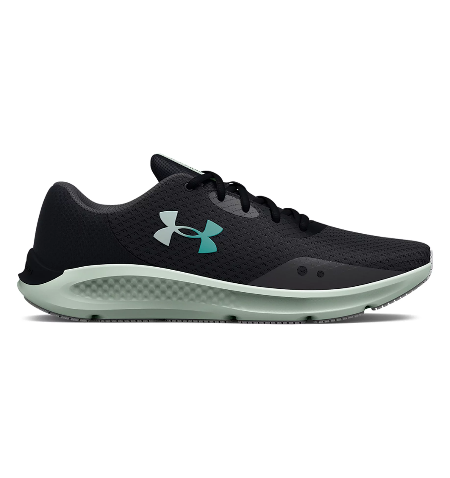 Under Armour Women's UA Charged Pursuit 3 Running Shoes in black with teal logo, offering lightweight breathability and comfort.